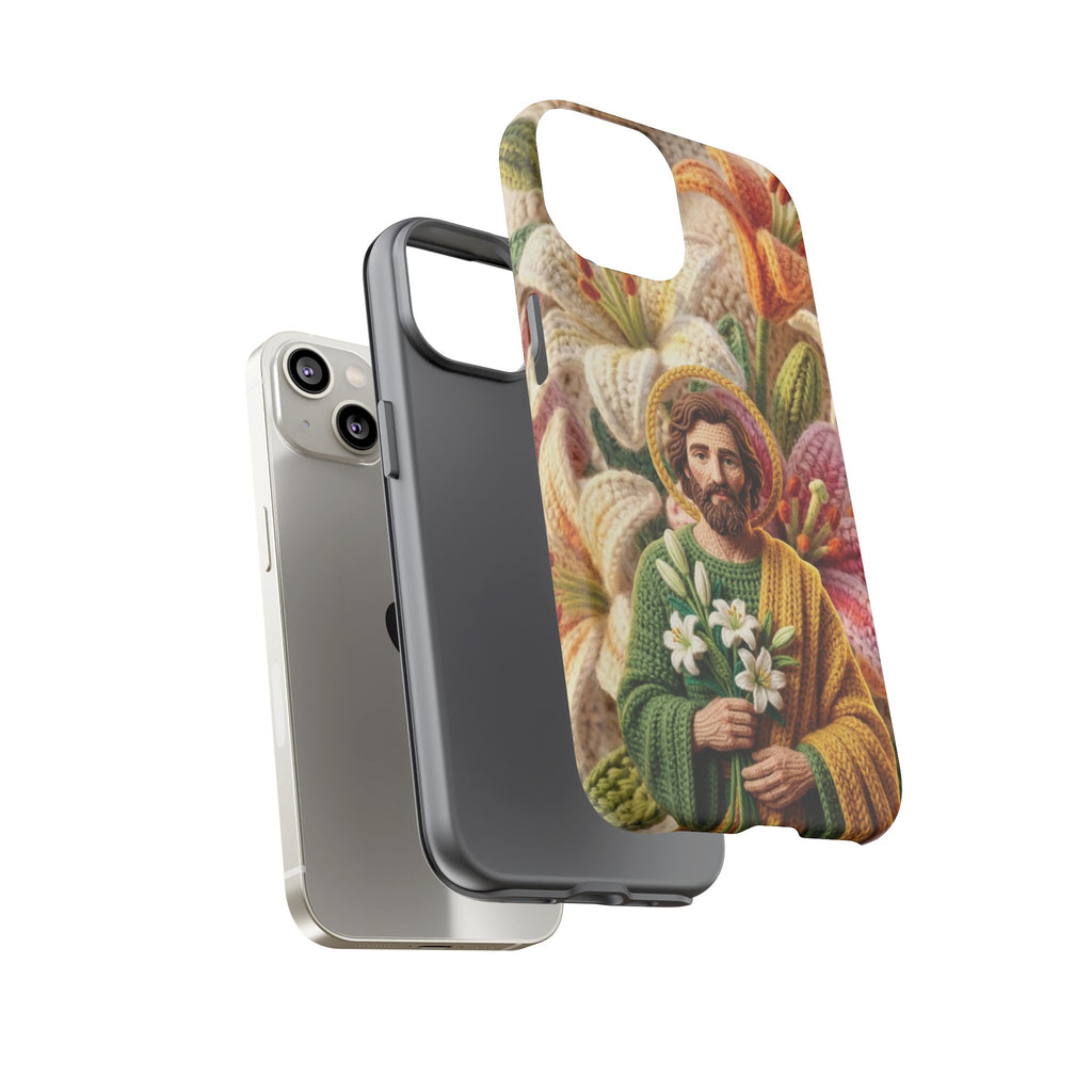 Phone Case Saint Joseph Lilies Design Holy Figure Phone Cover Faith Based Faux Yarn Saint of Workers Gift Samsung iPhone Pixel Models