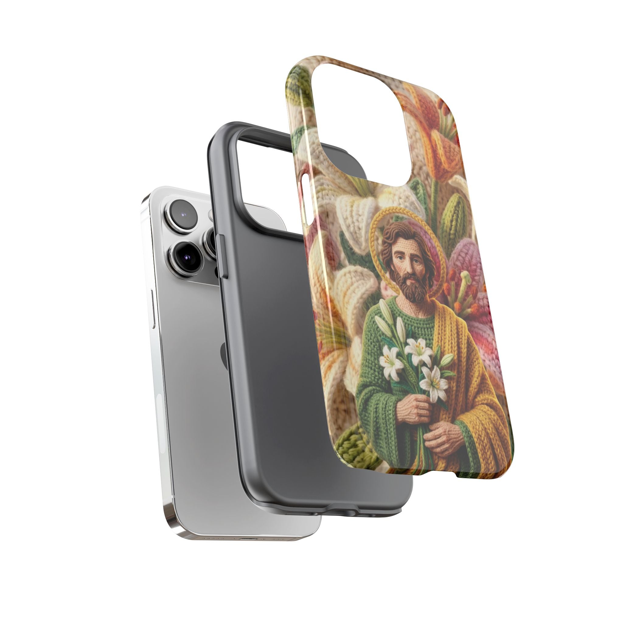 Phone Case Saint Joseph Lilies Design Holy Figure Phone Cover Faith Based Faux Yarn Saint of Workers Gift Samsung iPhone Pixel Models