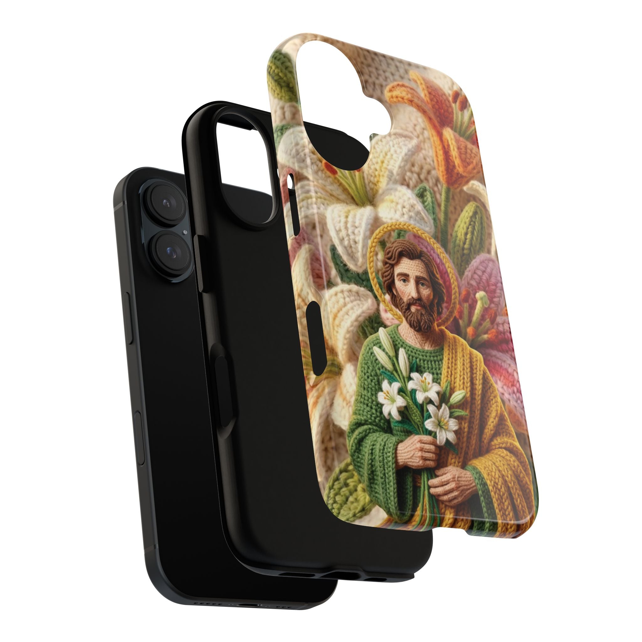 Phone Case Saint Joseph Lilies Design Holy Figure Phone Cover Faith Based Faux Yarn Saint of Workers Gift Samsung iPhone Pixel Models