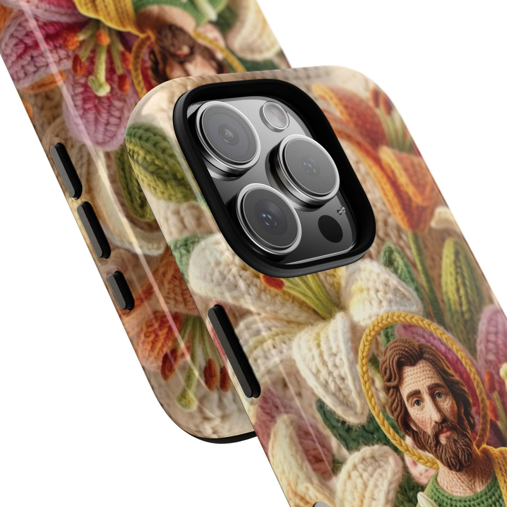Phone Case Saint Joseph Lilies Design Holy Figure Phone Cover Faith Based Faux Yarn Saint of Workers Gift Samsung iPhone Pixel Models