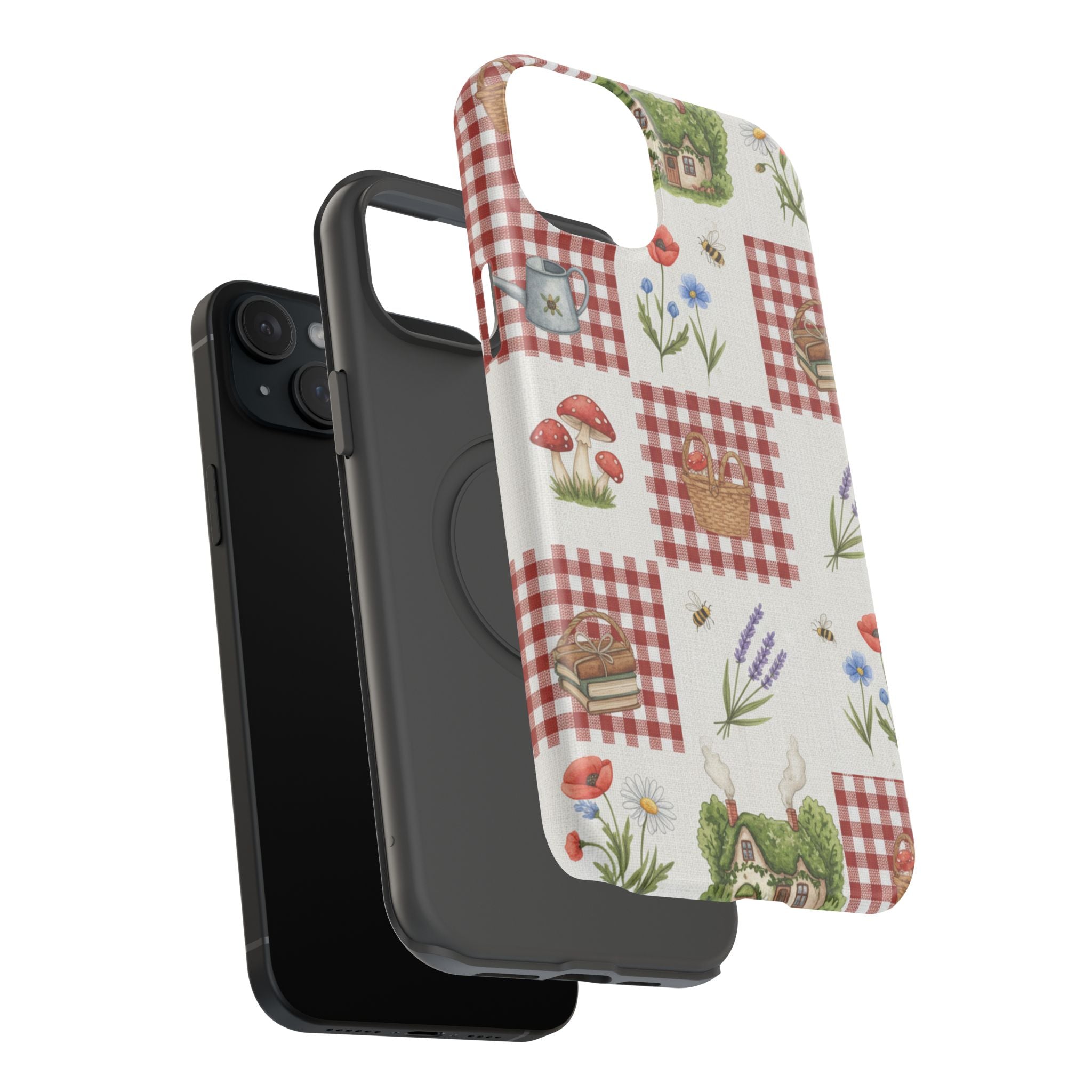 Red Gingham Check Phone Case Rustic Farmhouse Theme Watercolor Countryside Print Whimsical Floral Cell Phone Cover