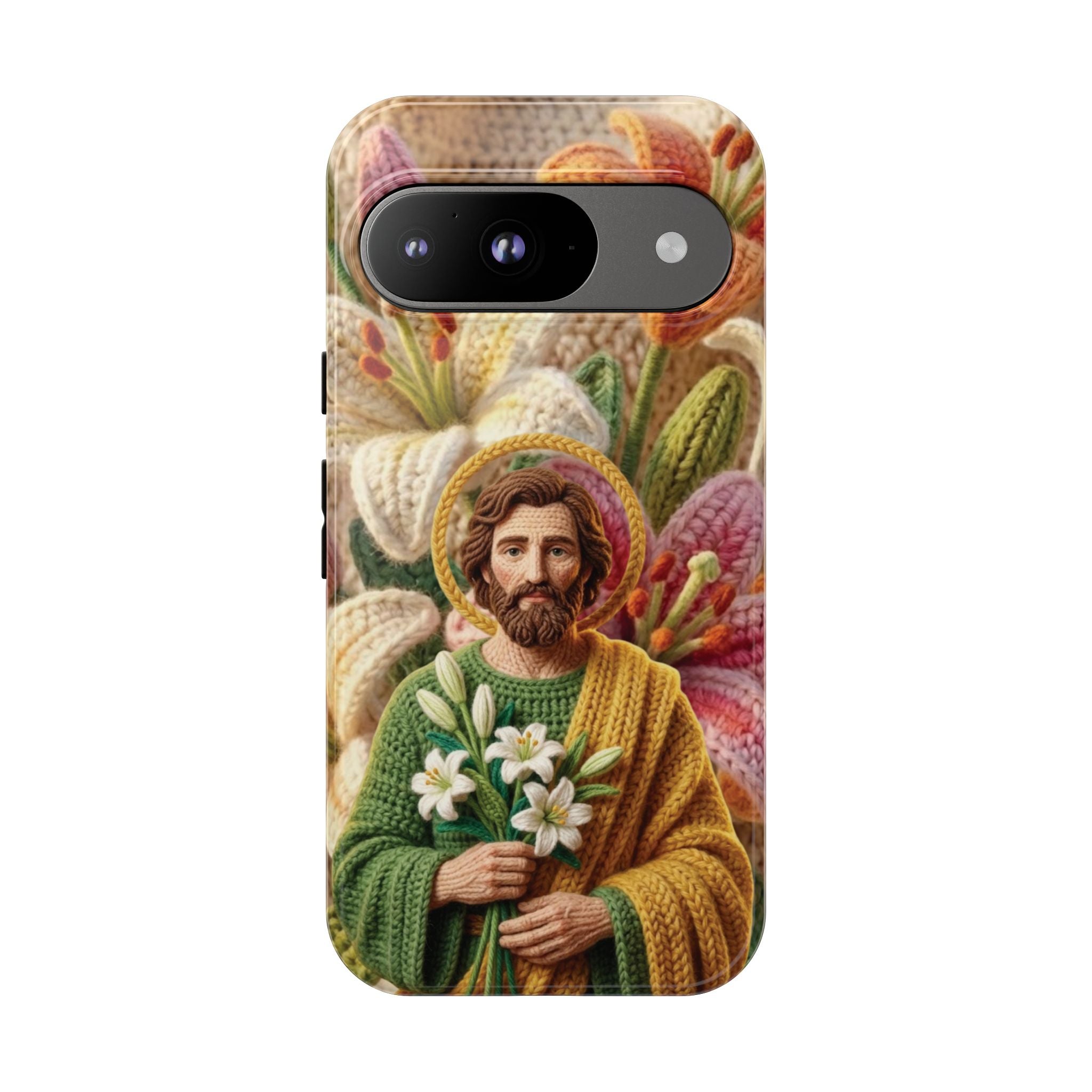 Phone Case Saint Joseph Lilies Design Holy Figure Phone Cover Faith Based Faux Yarn Saint of Workers Gift Samsung iPhone Pixel Models