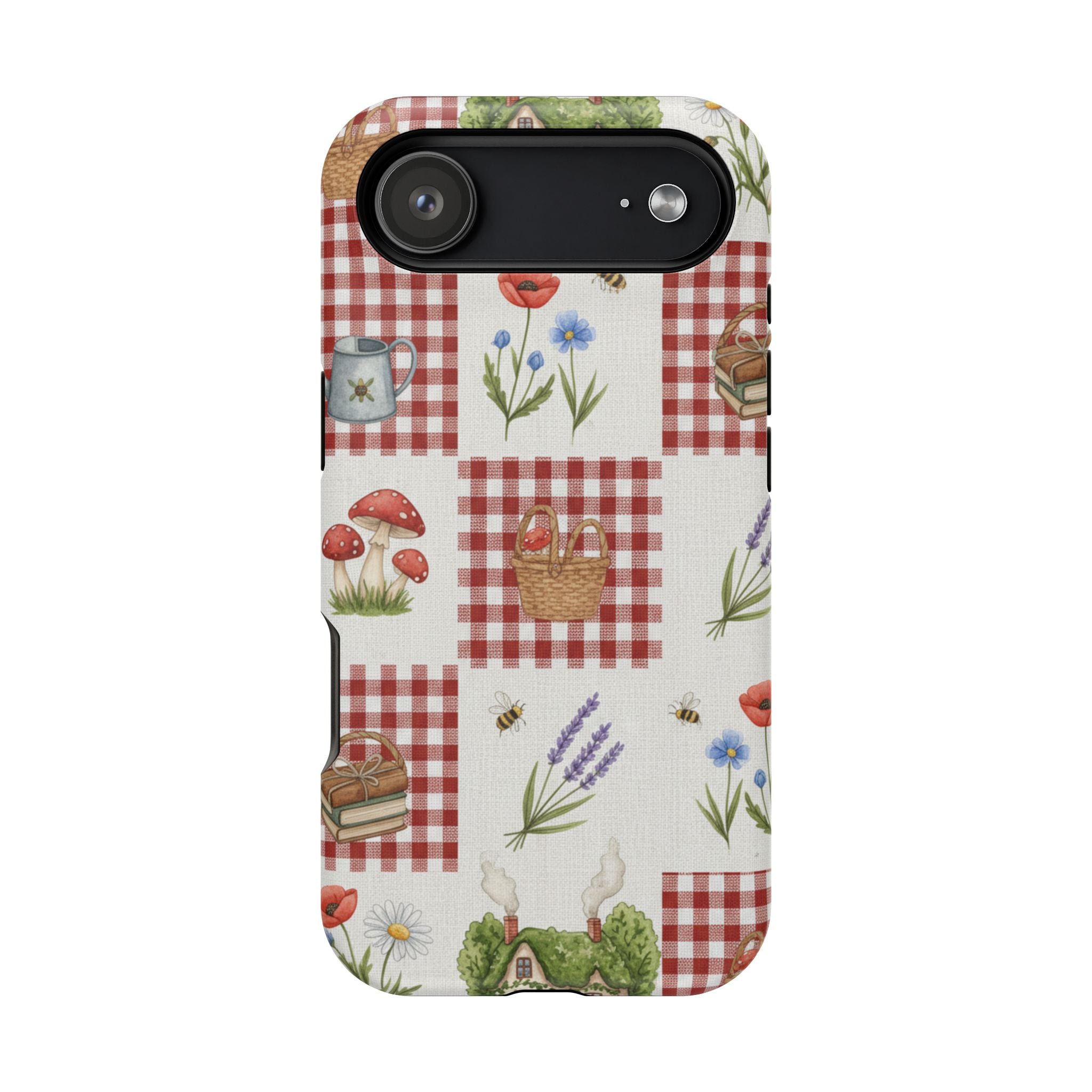 Red Gingham Check Phone Case Rustic Farmhouse Theme Watercolor Countryside Print Whimsical Floral Cell Phone Cover