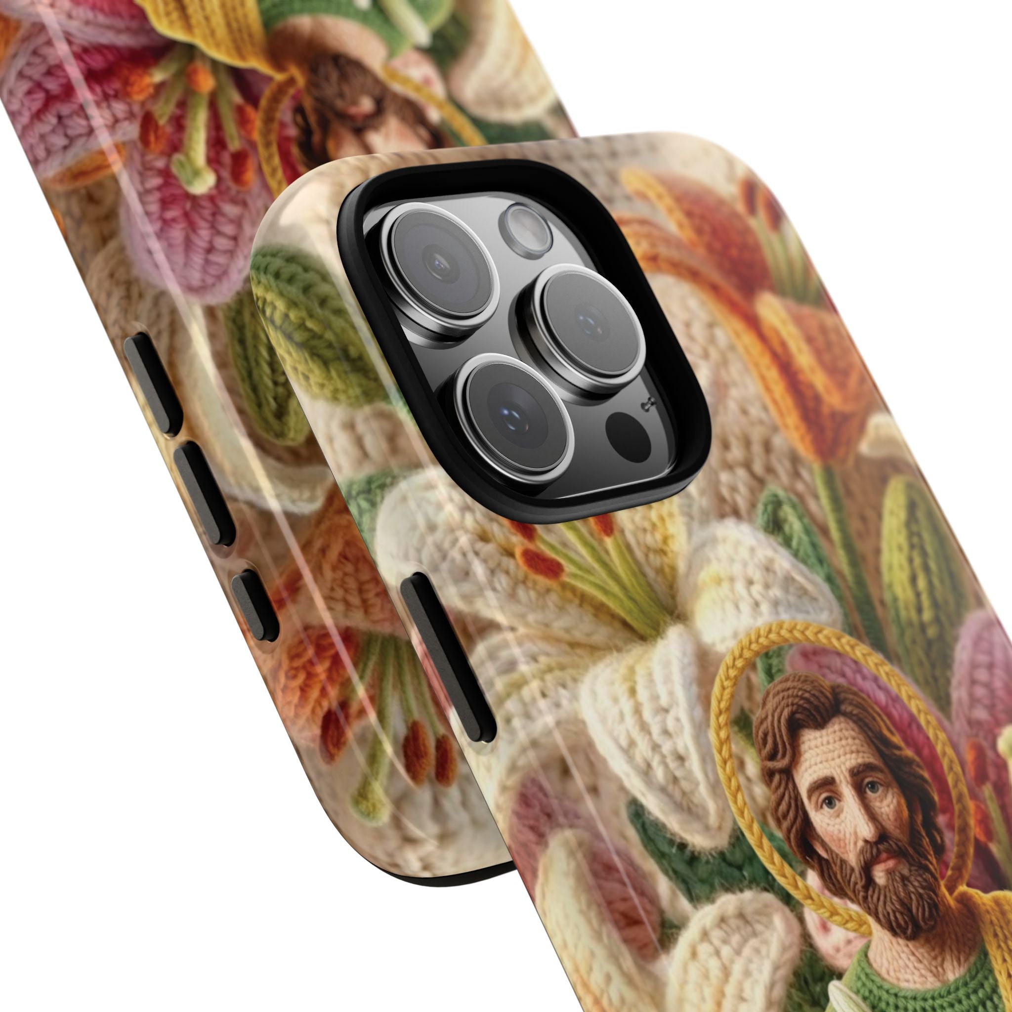 Phone Case Saint Joseph Lilies Design Holy Figure Phone Cover Faith Based Faux Yarn Saint of Workers Gift Samsung iPhone Pixel Models