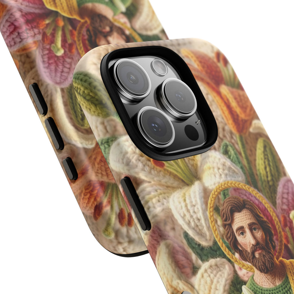 Phone Case Saint Joseph Lilies Design Holy Figure Phone Cover Faith Based Faux Yarn Saint of Workers Gift Samsung iPhone Pixel Models