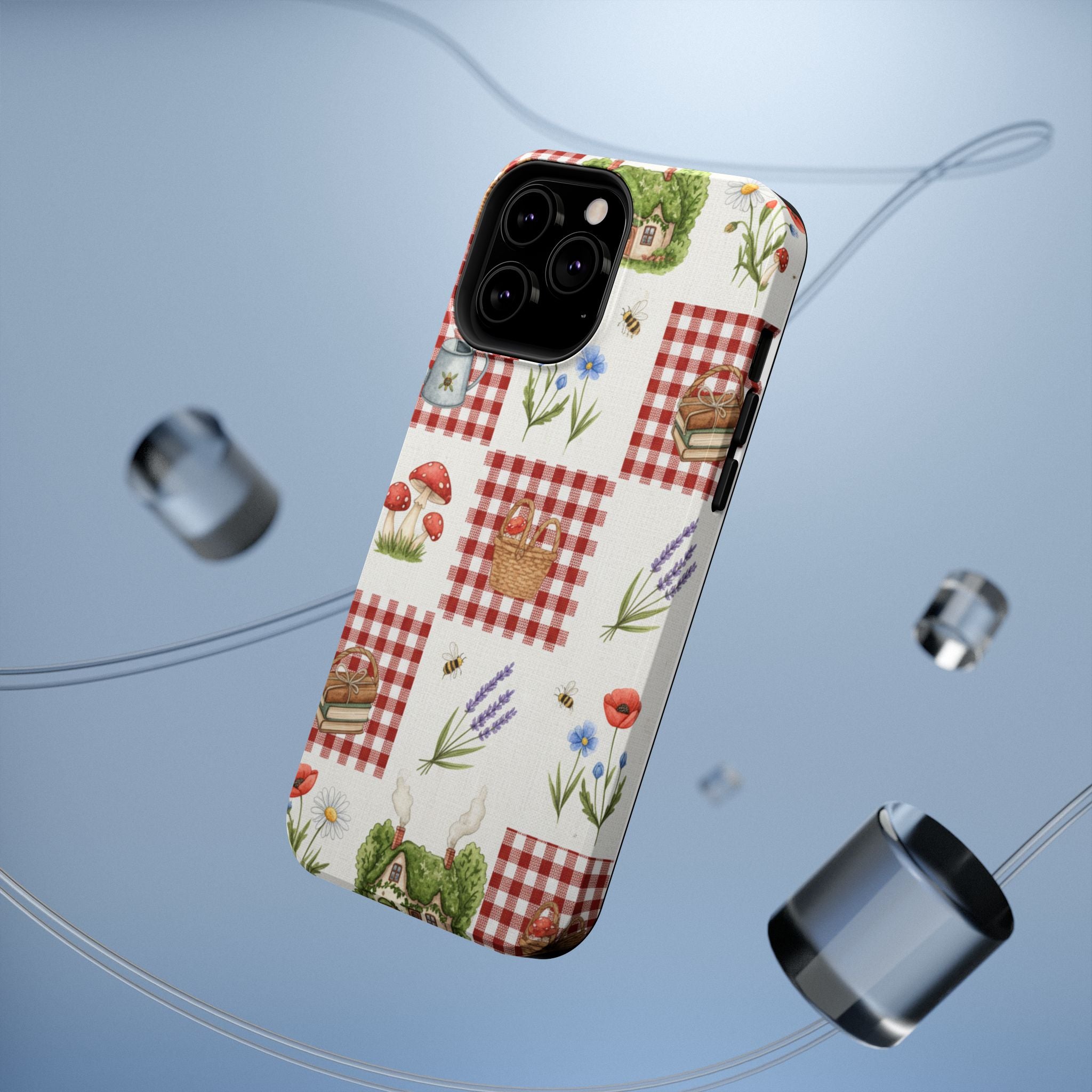 Red Gingham Check Phone Case Rustic Farmhouse Theme Watercolor Countryside Print Whimsical Floral Cell Phone Cover