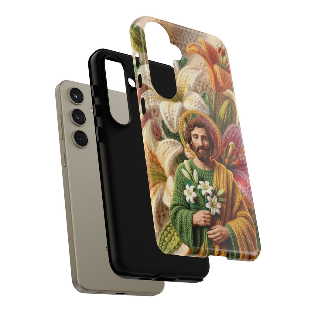 Phone Case Saint Joseph Lilies Design Holy Figure Phone Cover Faith Based Faux Yarn Saint of Workers Gift Samsung iPhone Pixel Models