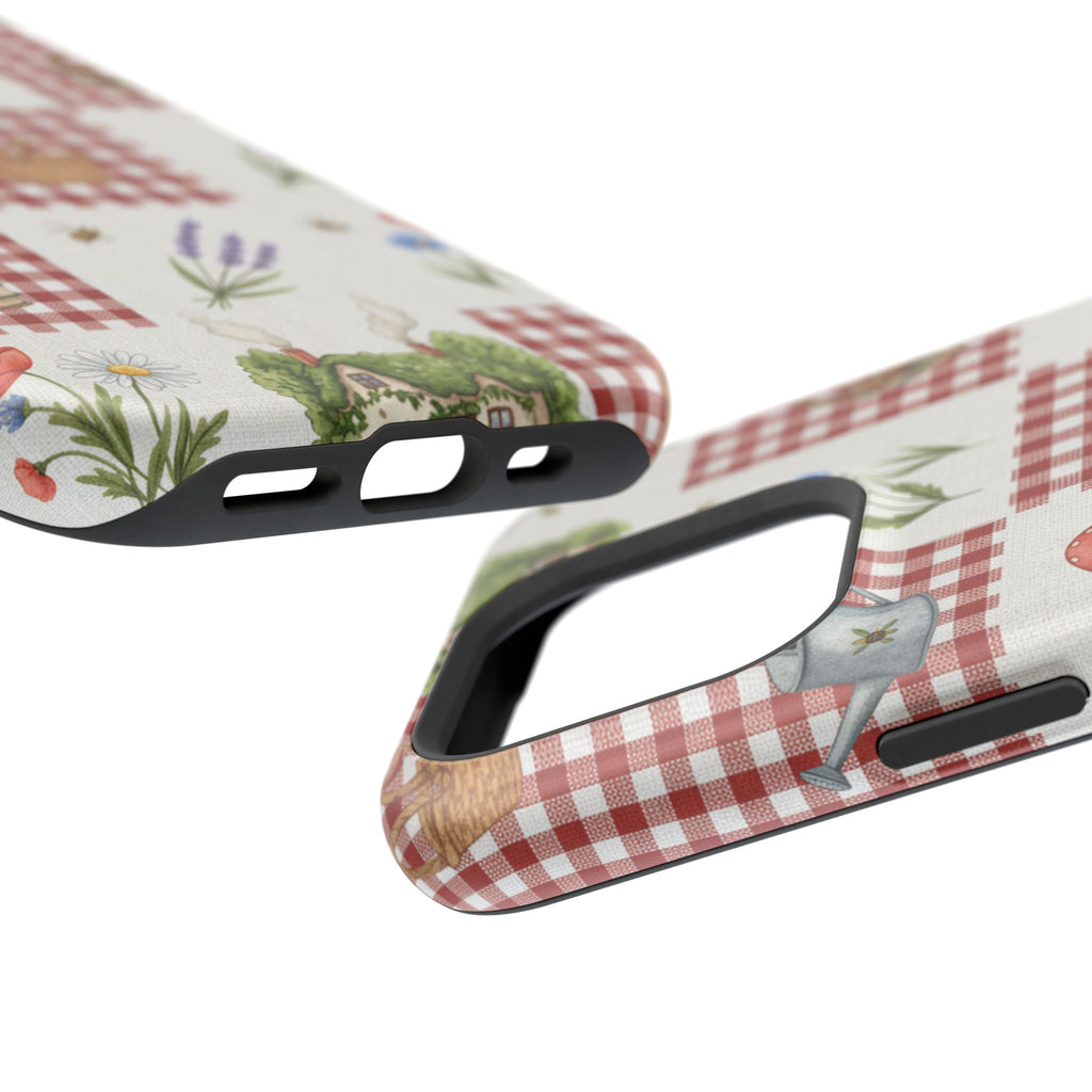 Red Gingham Check Phone Case Rustic Farmhouse Theme Watercolor Countryside Print Whimsical Floral Cell Phone Cover