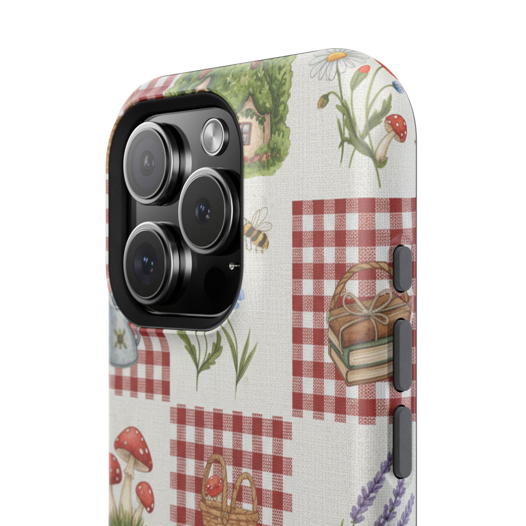 Red Gingham Check Phone Case Rustic Farmhouse Theme Watercolor Countryside Print Whimsical Floral Cell Phone Cover
