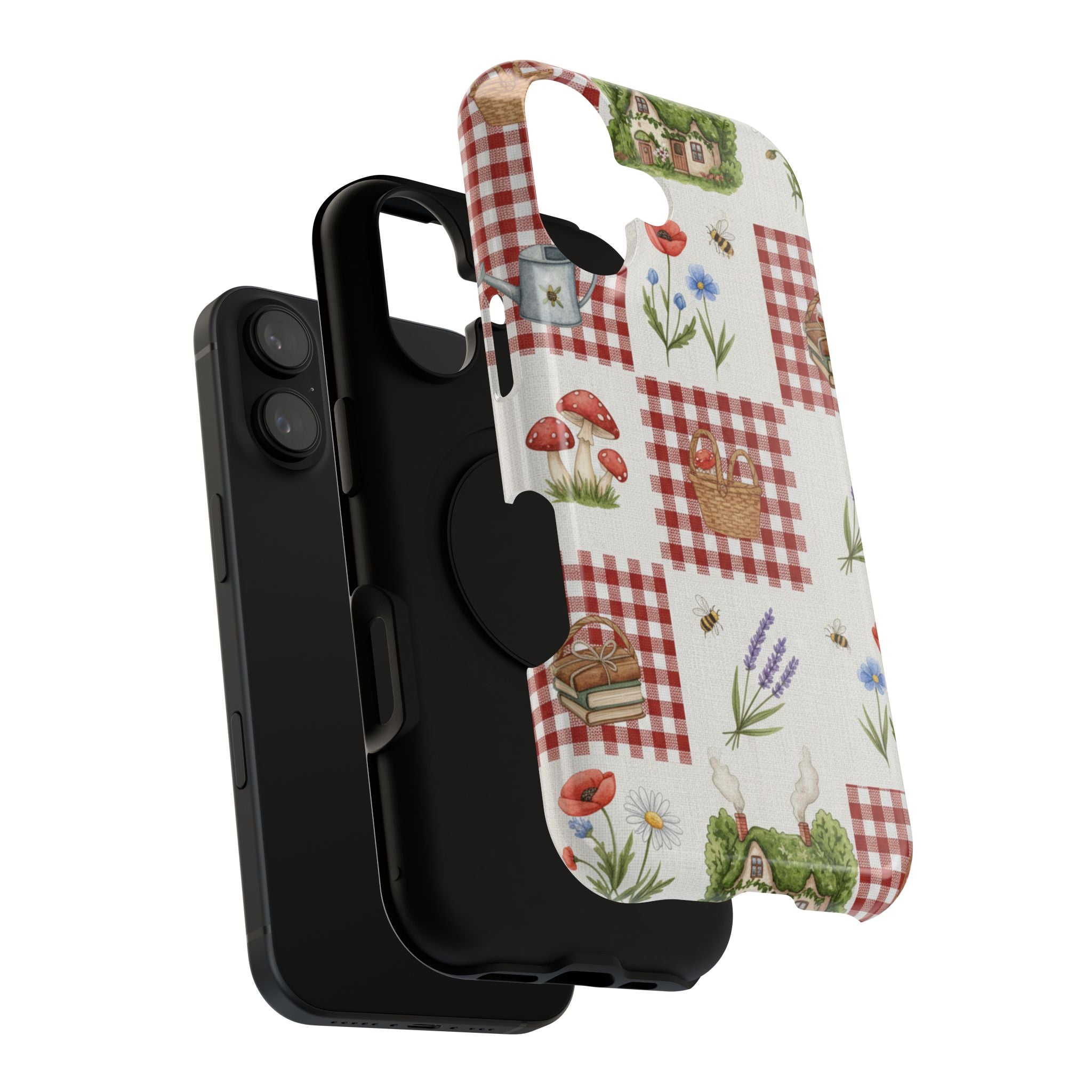 Red Gingham Check Phone Case Rustic Farmhouse Theme Watercolor Countryside Print Whimsical Floral Cell Phone Cover