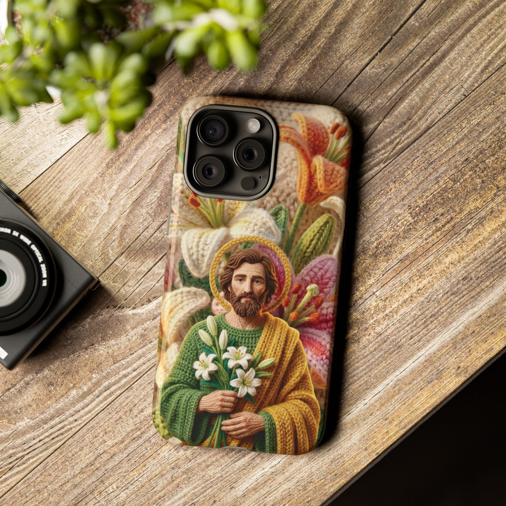 Phone Case Saint Joseph Lilies Design Holy Figure Phone Cover Faith Based Faux Yarn Saint of Workers Gift Samsung iPhone Pixel Models