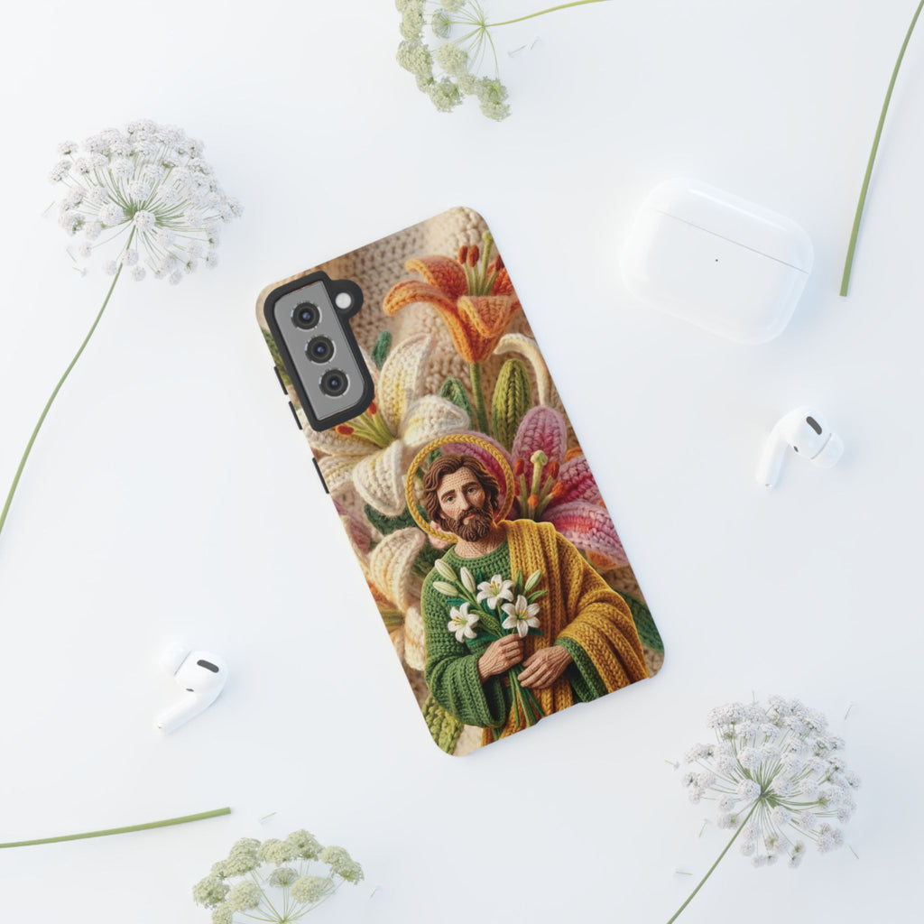 Phone Case Saint Joseph Lilies Design Holy Figure Phone Cover Faith Based Faux Yarn Saint of Workers Gift Samsung iPhone Pixel Models