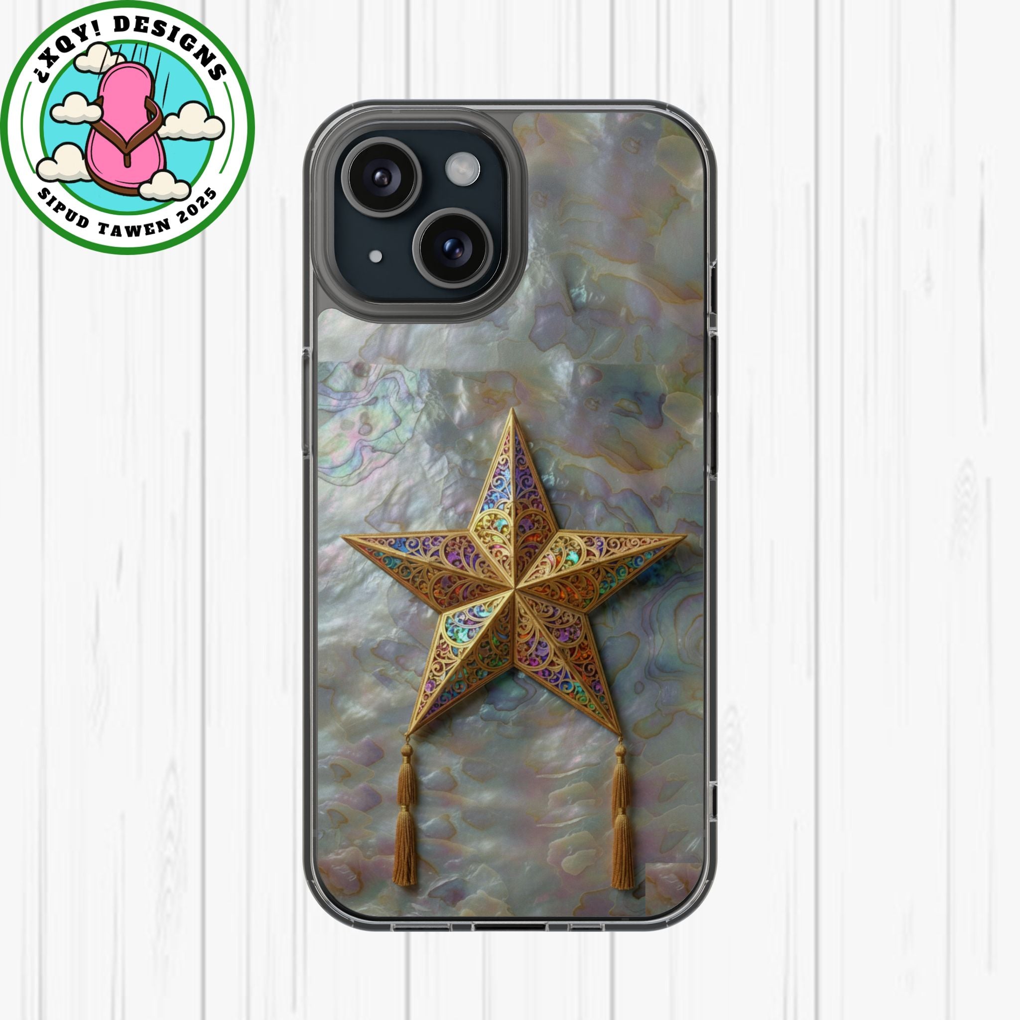 Golden Star Ornament Phone Case Mother of Pearl Background Nacre Texture Festive Celestial Decor Parol Inspired Shimmering Pearl Shell Gift