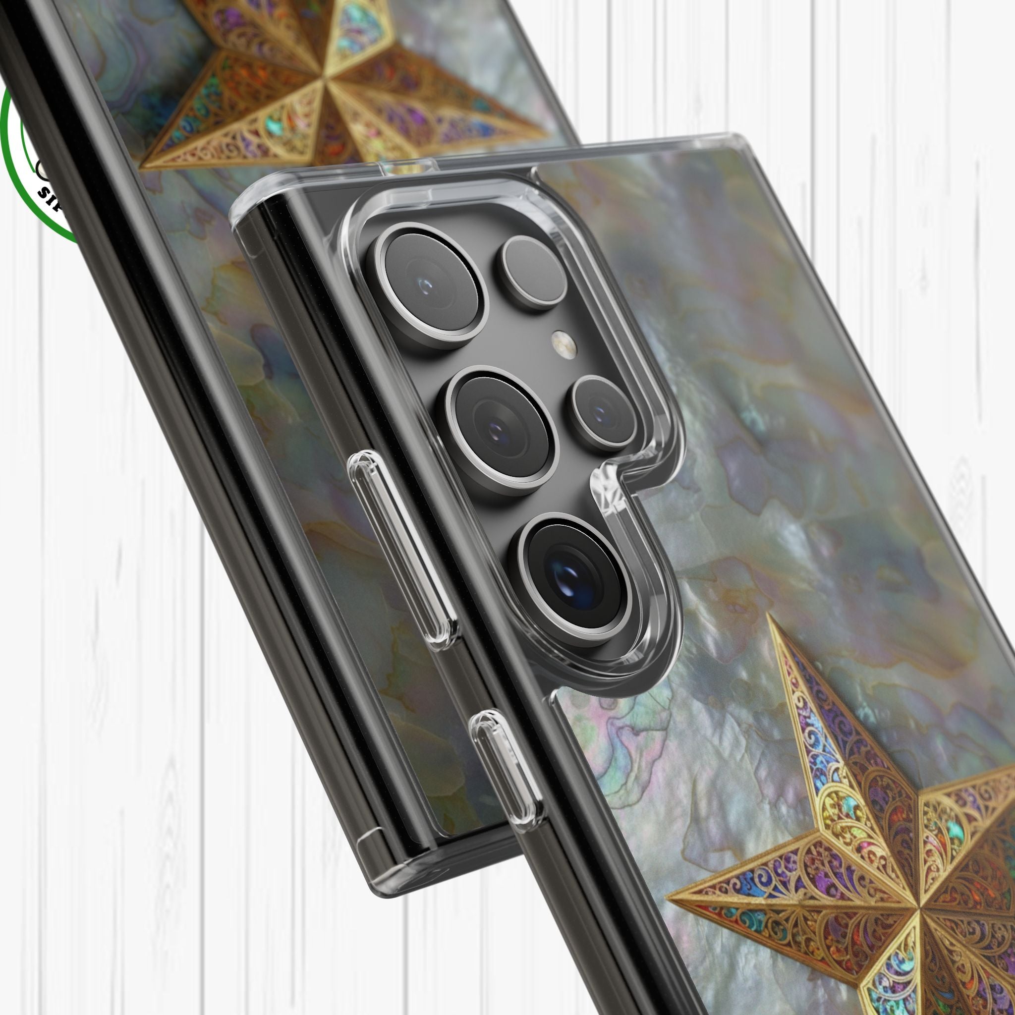 Golden Star Ornament Phone Case Mother of Pearl Background Nacre Texture Festive Celestial Decor Parol Inspired Shimmering Pearl Shell Gift