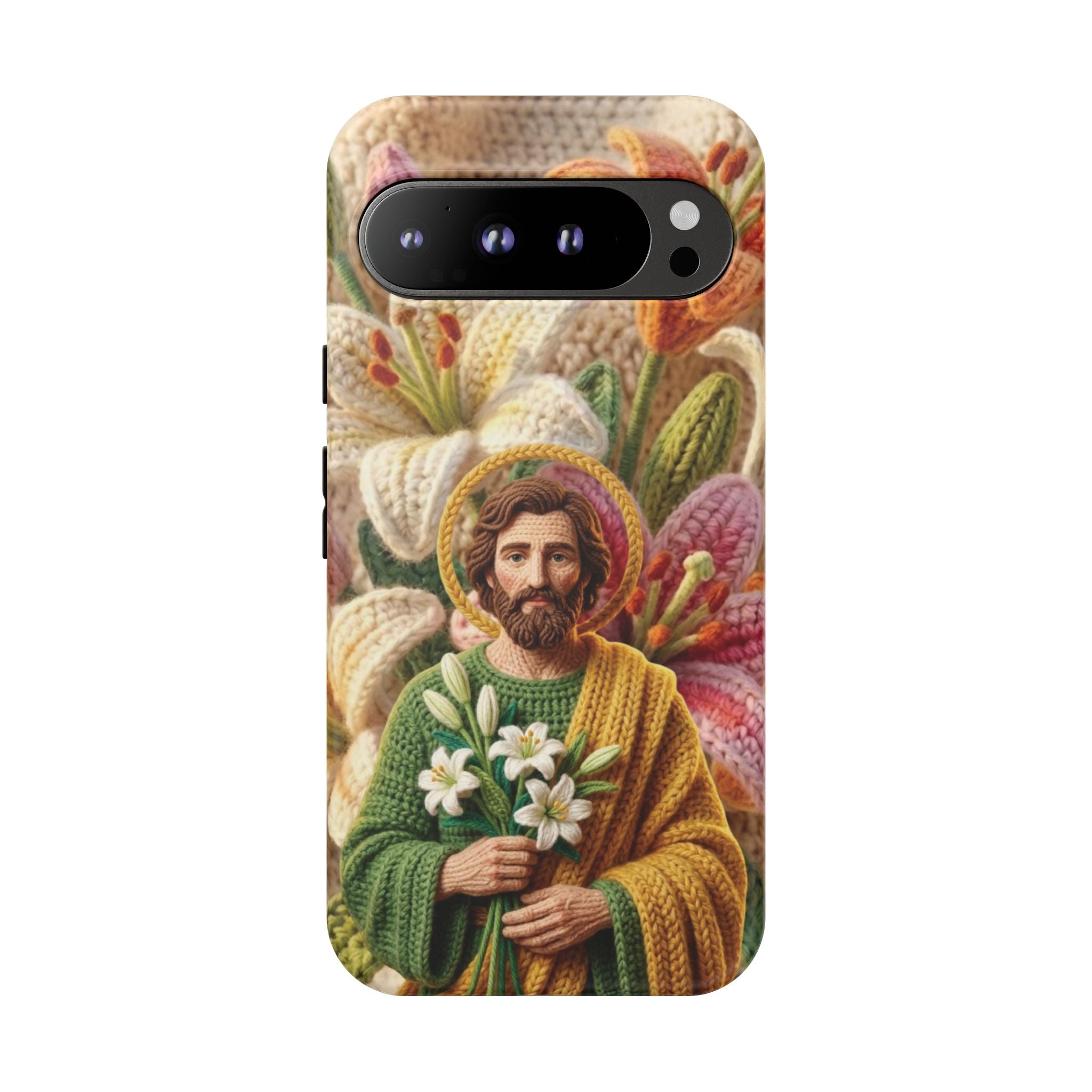 Phone Case Saint Joseph Lilies Design Holy Figure Phone Cover Faith Based Faux Yarn Saint of Workers Gift Samsung iPhone Pixel Models
