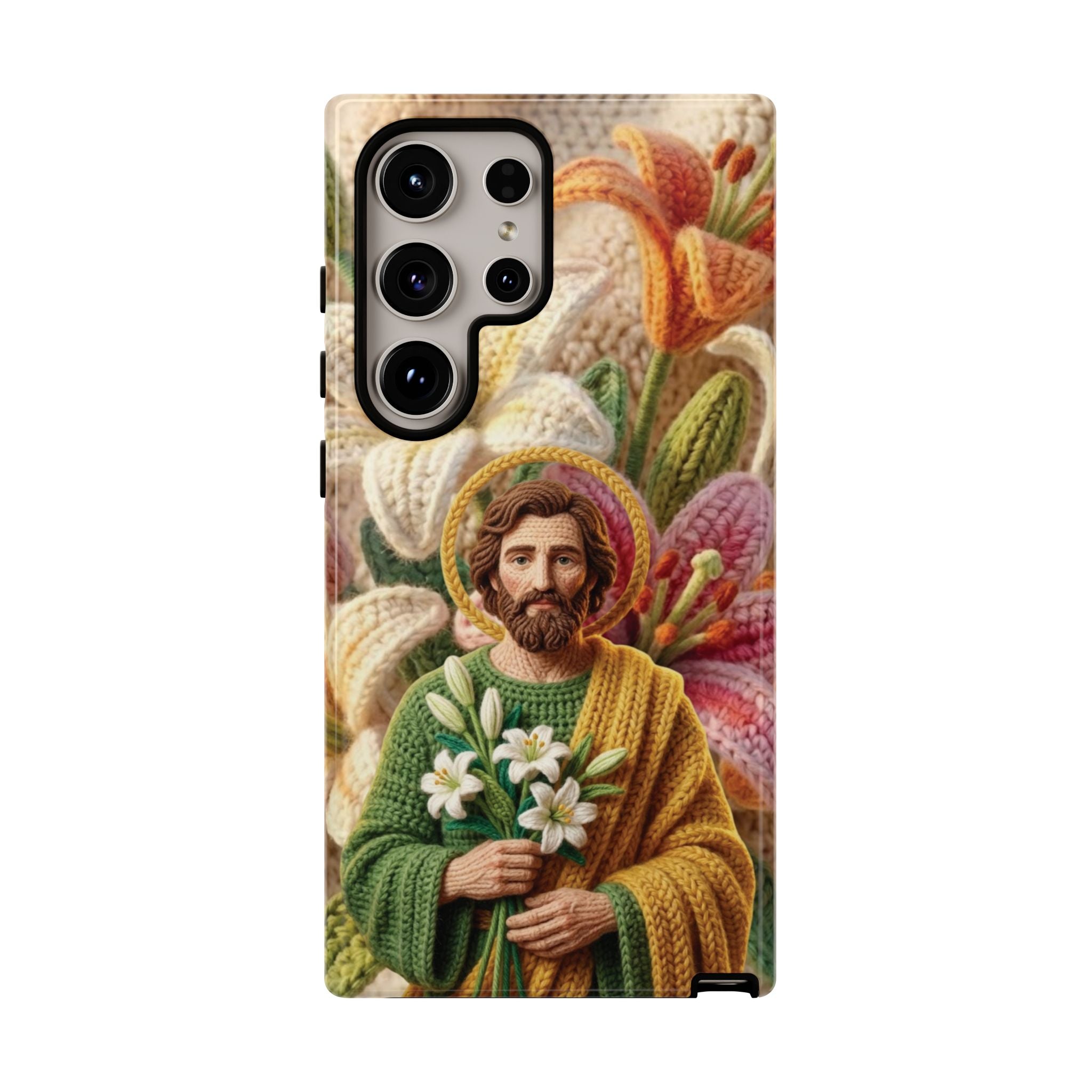 Phone Case Saint Joseph Lilies Design Holy Figure Phone Cover Faith Based Faux Yarn Saint of Workers Gift Samsung iPhone Pixel Models