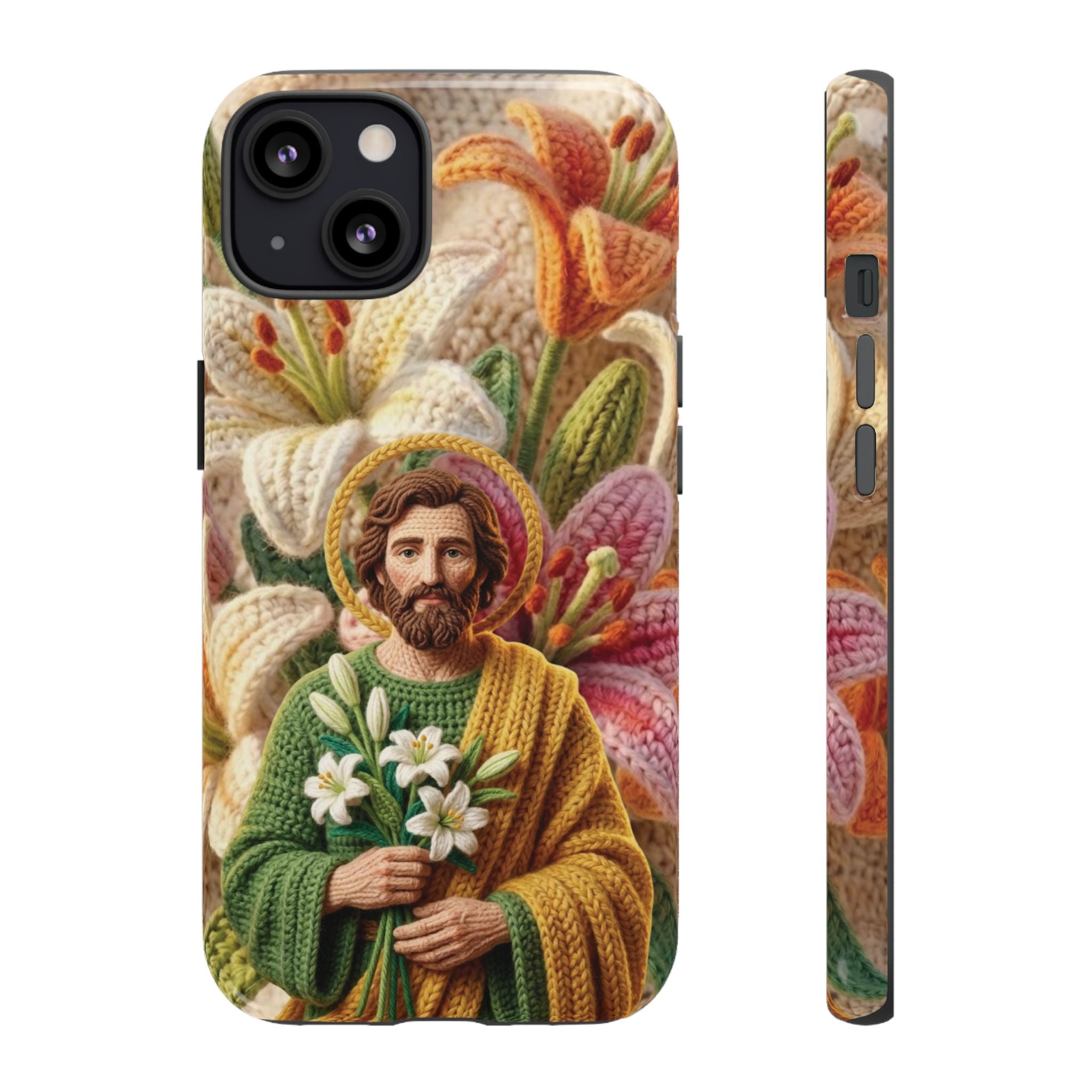 Phone Case Saint Joseph Lilies Design Holy Figure Phone Cover Faith Based Faux Yarn Saint of Workers Gift Samsung iPhone Pixel Models