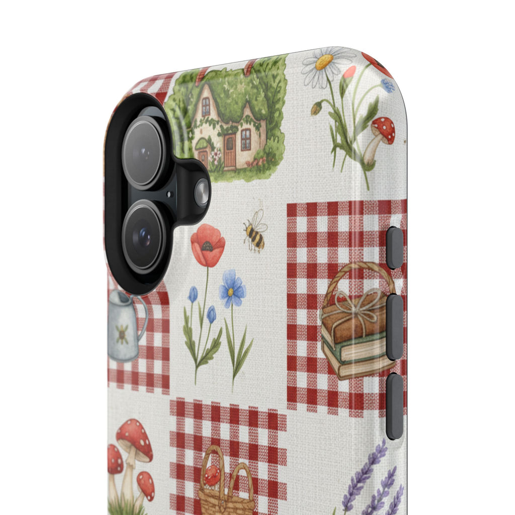 Red Gingham Check Phone Case Rustic Farmhouse Theme Watercolor Countryside Print Whimsical Floral Cell Phone Cover