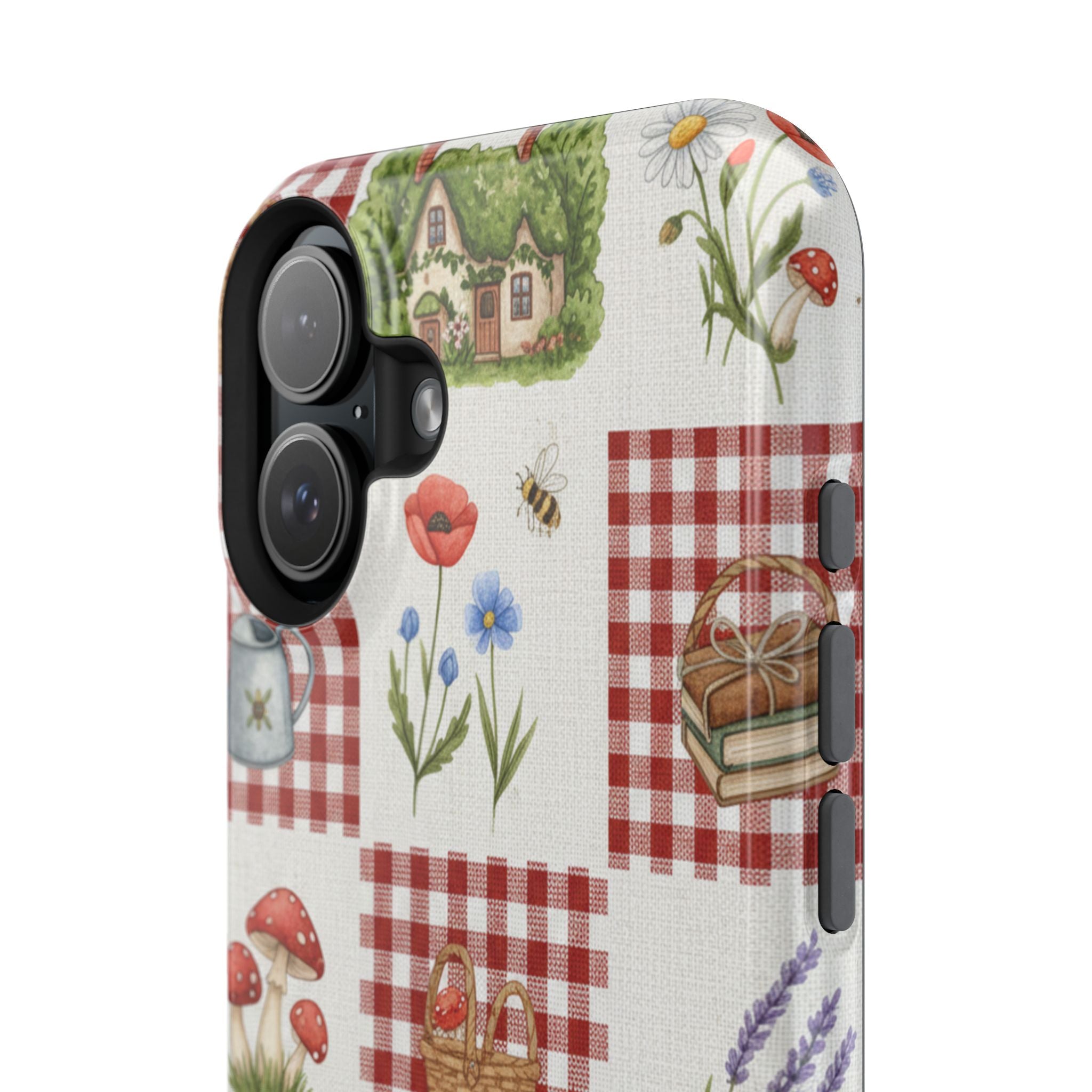 Red Gingham Check Phone Case Rustic Farmhouse Theme Watercolor Countryside Print Whimsical Floral Cell Phone Cover