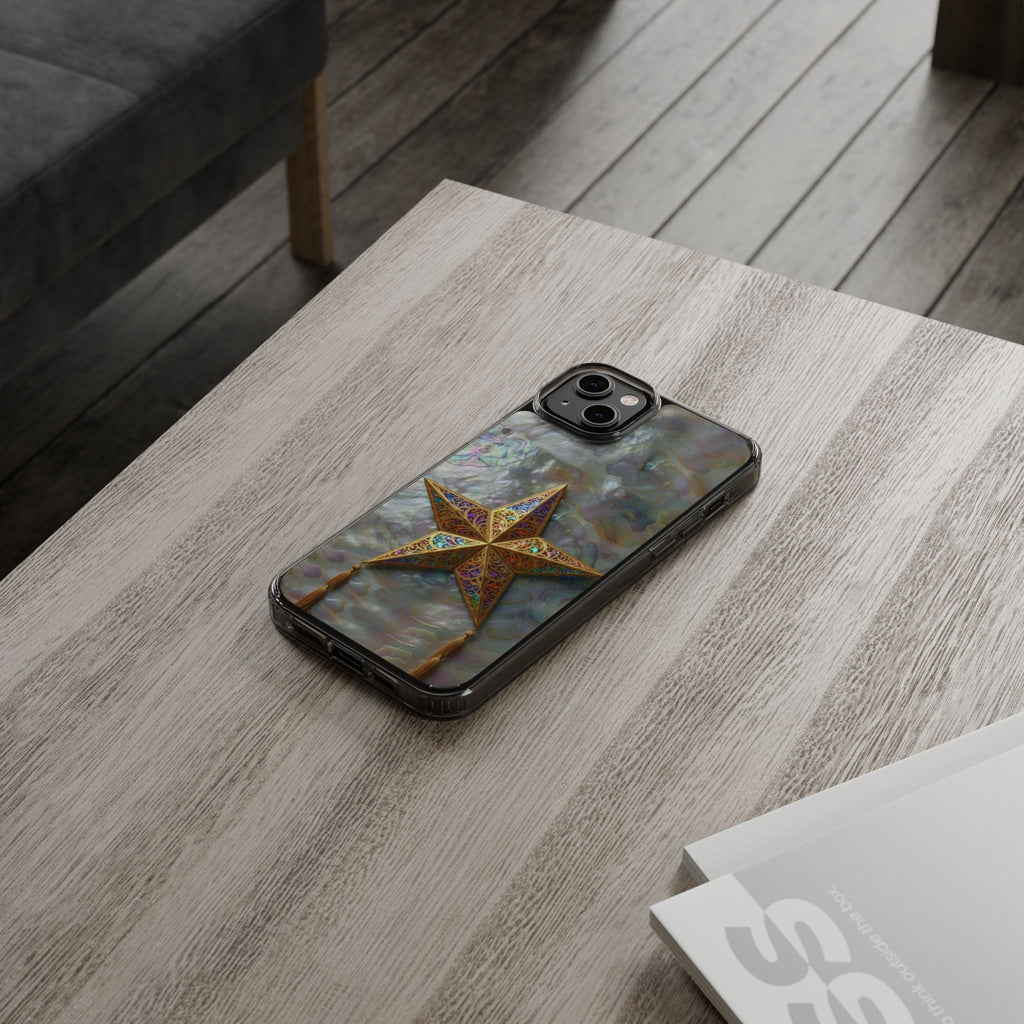 Golden Star Ornament Phone Case Mother of Pearl Background Nacre Texture Festive Celestial Decor Parol Inspired Shimmering Pearl Shell Gift