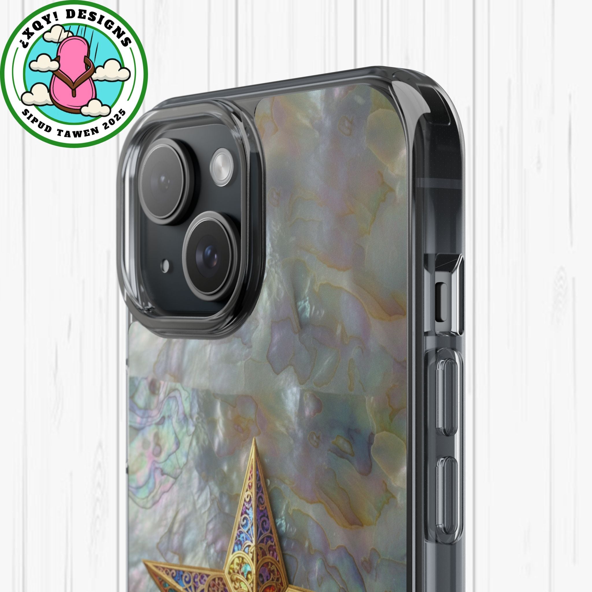 Golden Star Ornament Phone Case Mother of Pearl Background Nacre Texture Festive Celestial Decor Parol Inspired Shimmering Pearl Shell Gift