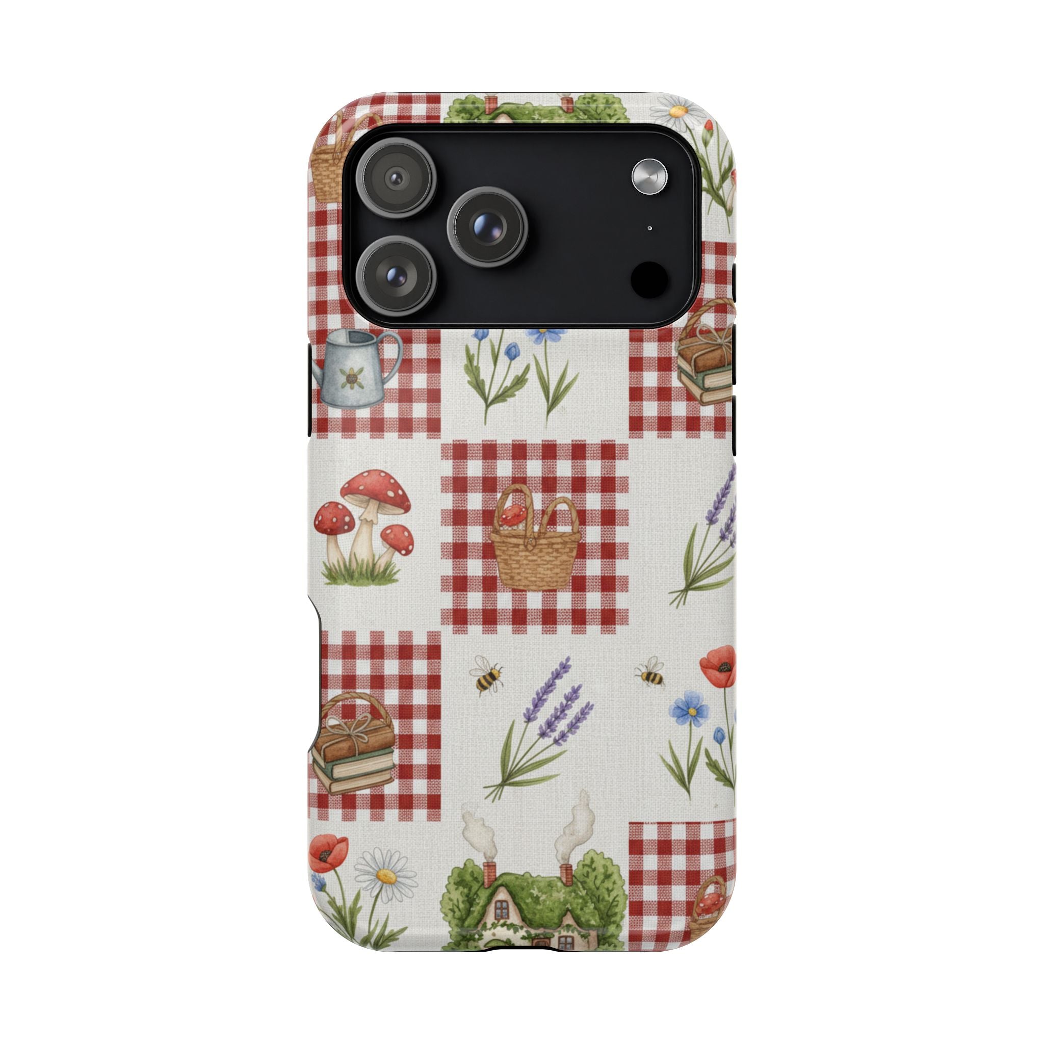 Red Gingham Check Phone Case Rustic Farmhouse Theme Watercolor Countryside Print Whimsical Floral Cell Phone Cover