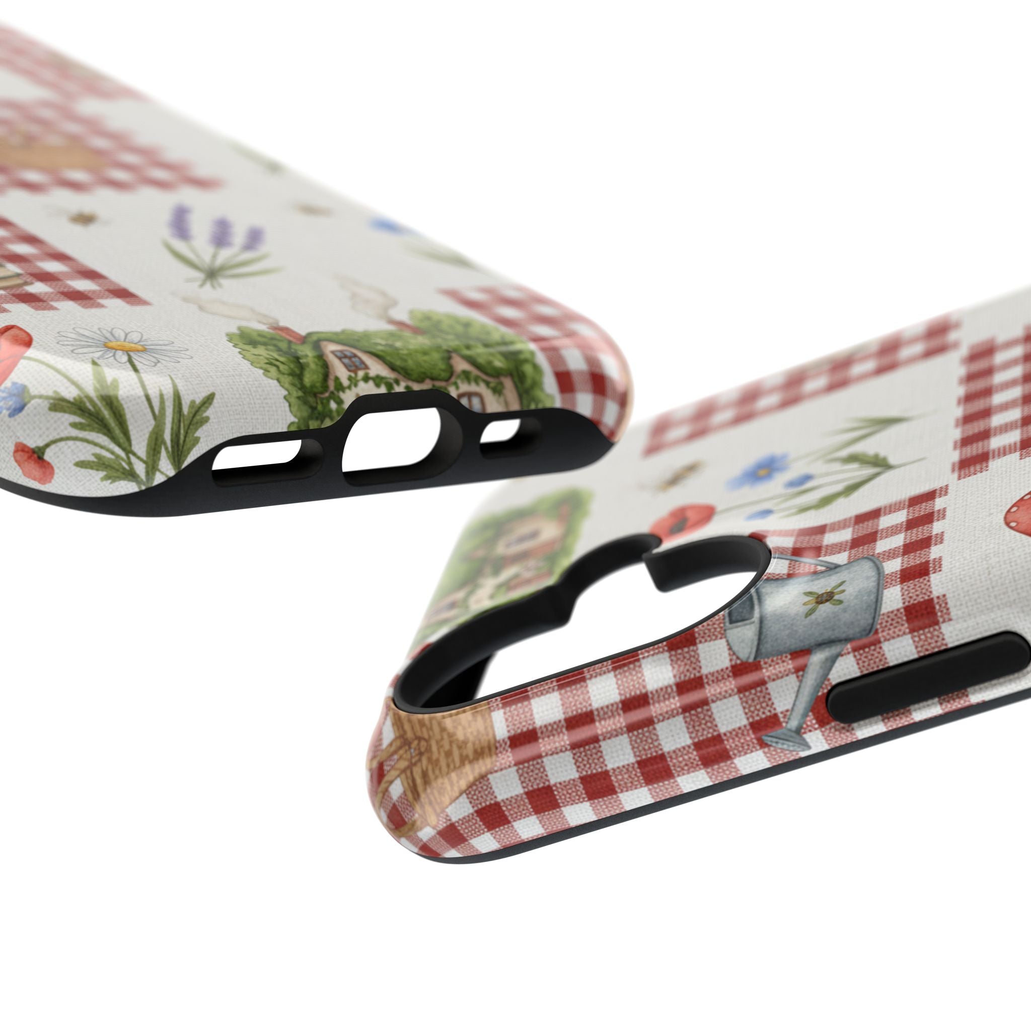 Red Gingham Check Phone Case Rustic Farmhouse Theme Watercolor Countryside Print Whimsical Floral Cell Phone Cover