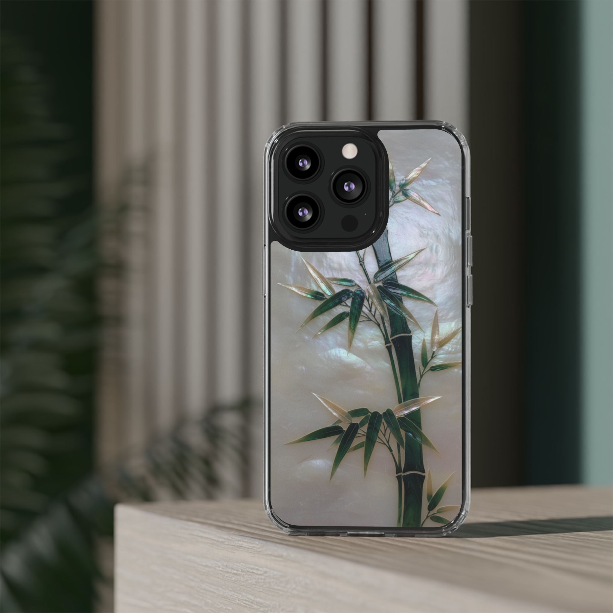 Mother of Pearl Inlay Bamboo Phone Case Nacre Art Green Bamboo Decor Handmade Pearl Shell Unique Iridescent Cover Natural Gift Idea