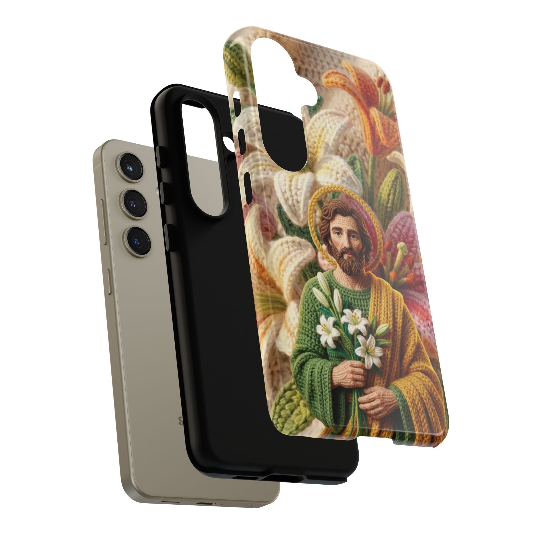 Phone Case Saint Joseph Lilies Design Holy Figure Phone Cover Faith Based Faux Yarn Saint of Workers Gift Samsung iPhone Pixel Models