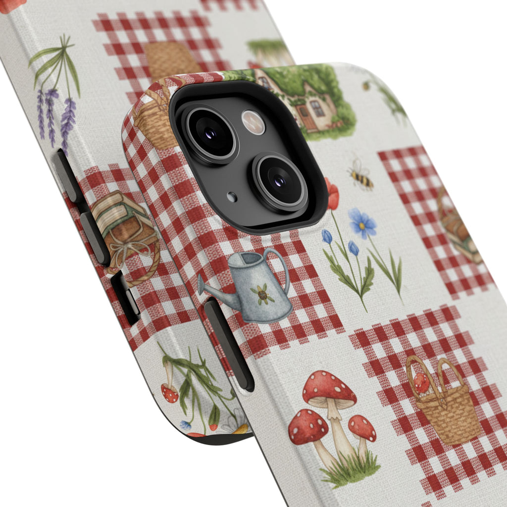 Red Gingham Check Phone Case Rustic Farmhouse Theme Watercolor Countryside Print Whimsical Floral Cell Phone Cover