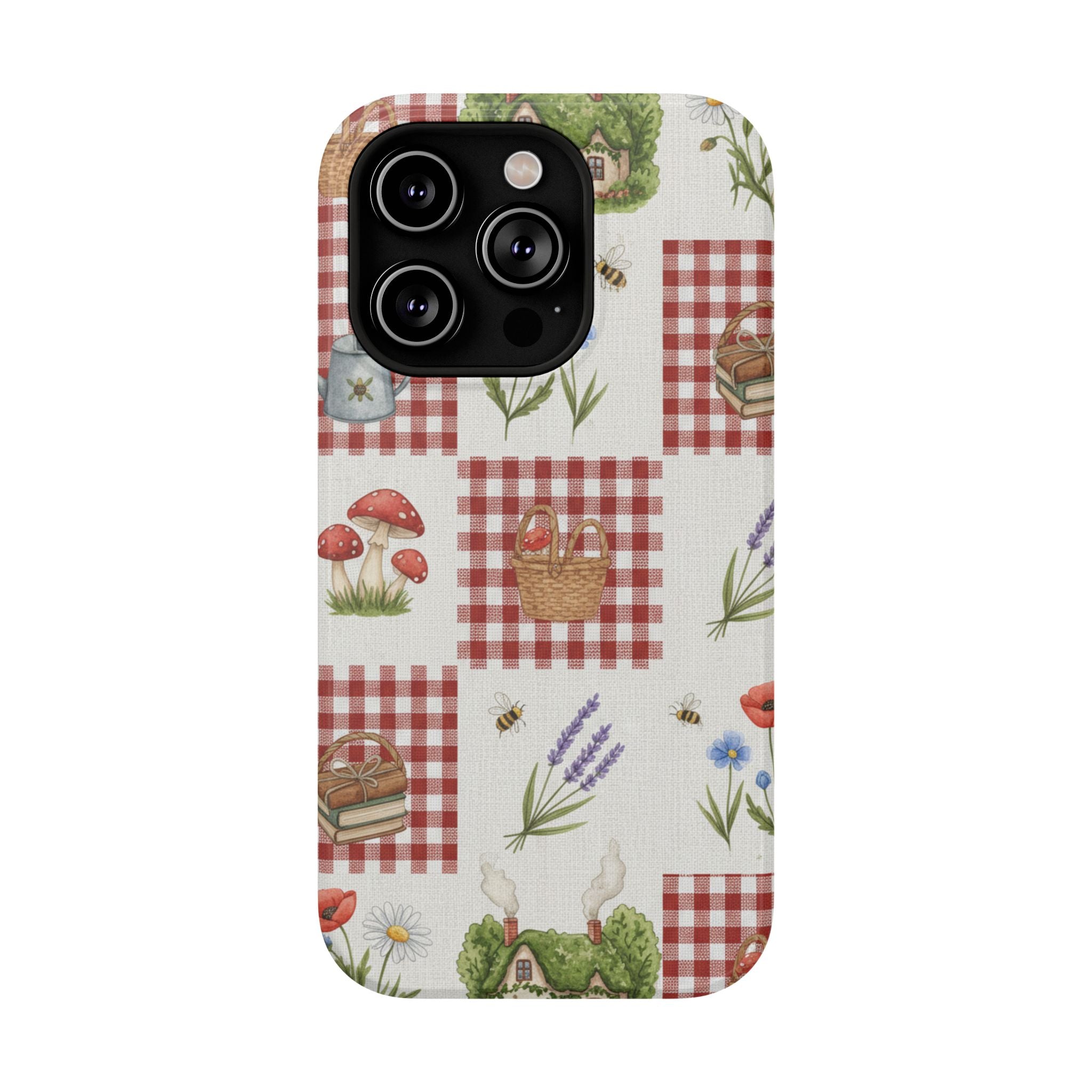 Red Gingham Check Phone Case Rustic Farmhouse Theme Watercolor Countryside Print Whimsical Floral Cell Phone Cover