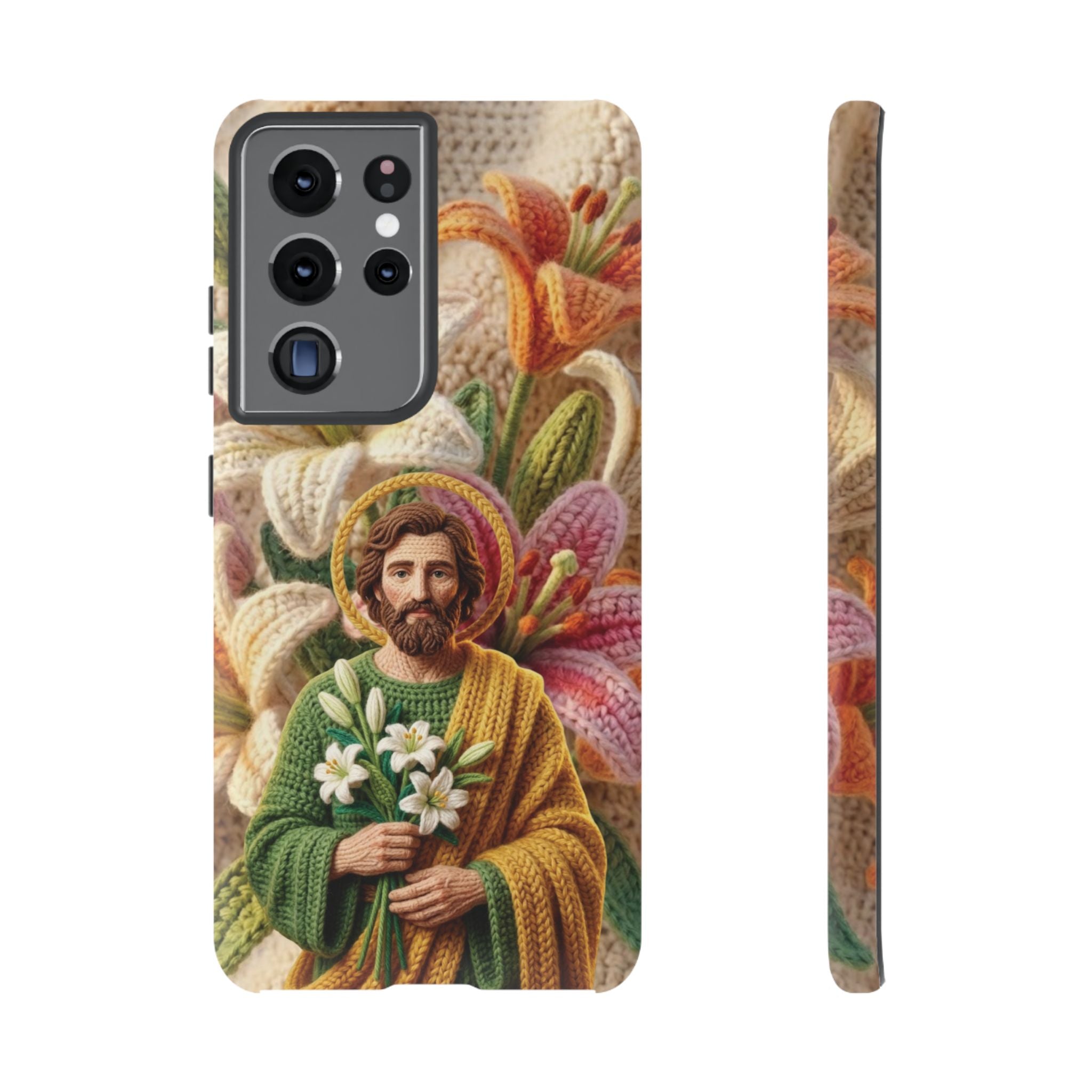 Phone Case Saint Joseph Lilies Design Holy Figure Phone Cover Faith Based Faux Yarn Saint of Workers Gift Samsung iPhone Pixel Models