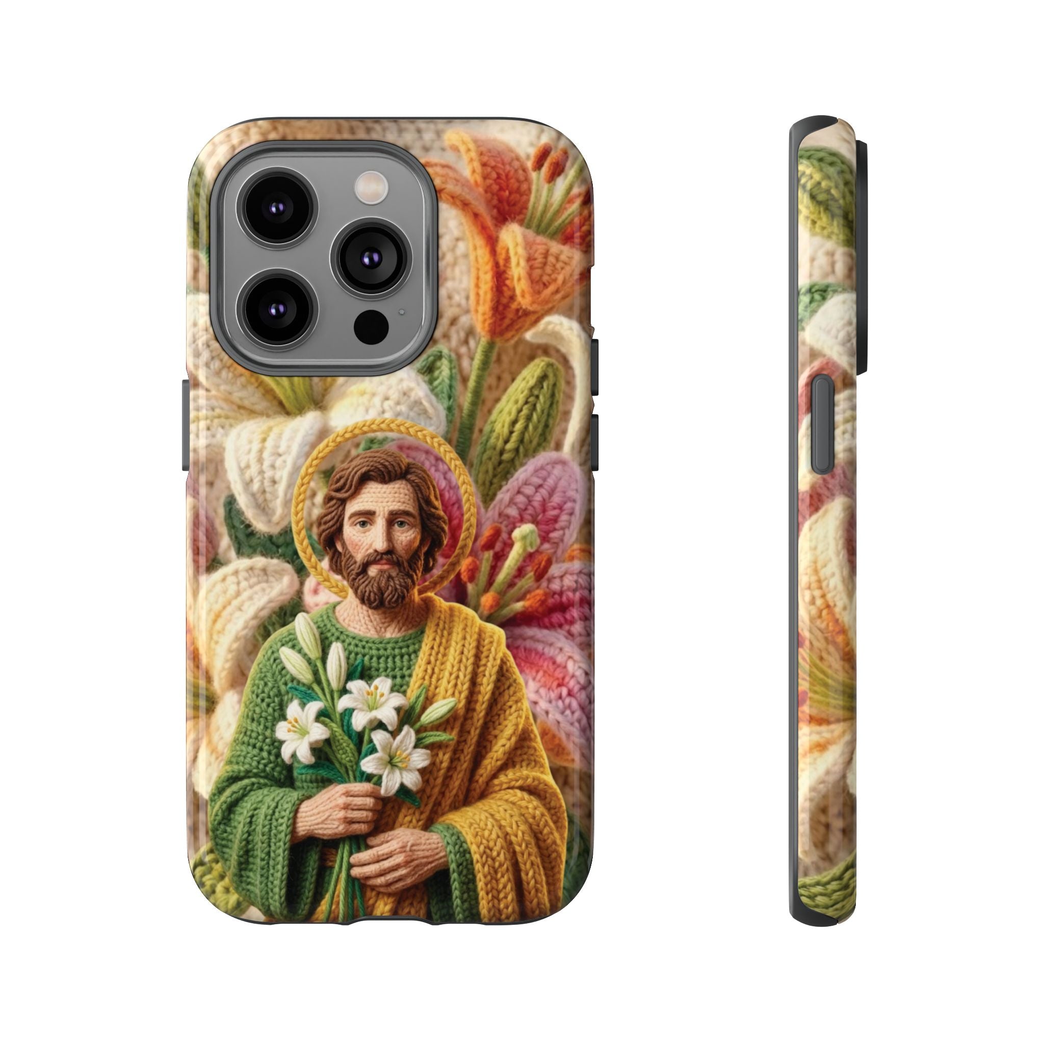 Phone Case Saint Joseph Lilies Design Holy Figure Phone Cover Faith Based Faux Yarn Saint of Workers Gift Samsung iPhone Pixel Models