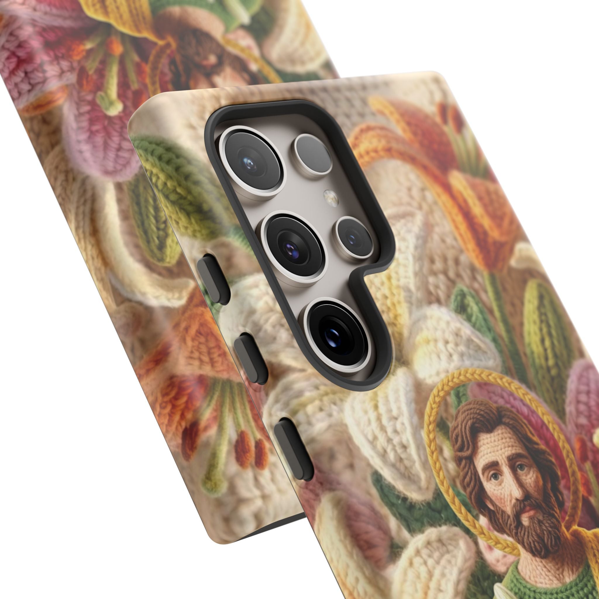 Phone Case Saint Joseph Lilies Design Holy Figure Phone Cover Faith Based Faux Yarn Saint of Workers Gift Samsung iPhone Pixel Models