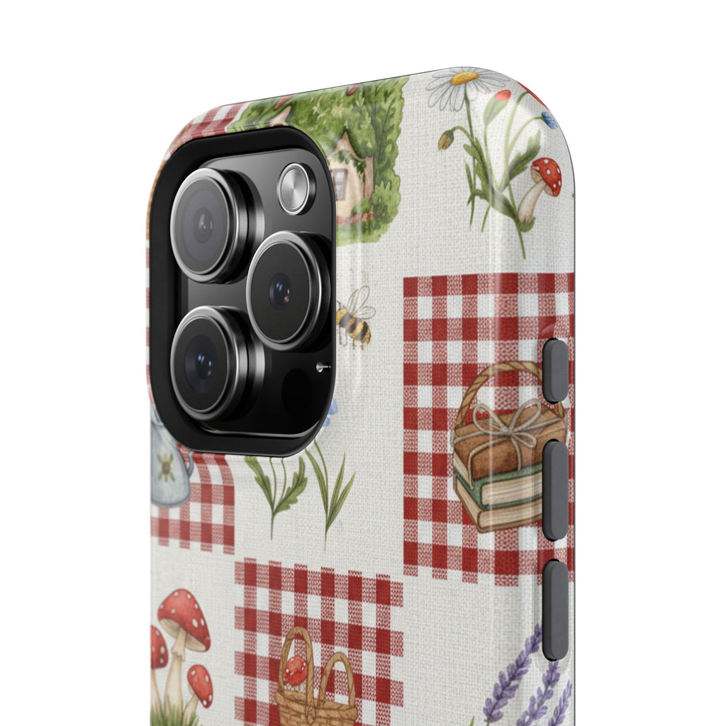 Red Gingham Check Phone Case Rustic Farmhouse Theme Watercolor Countryside Print Whimsical Floral Cell Phone Cover