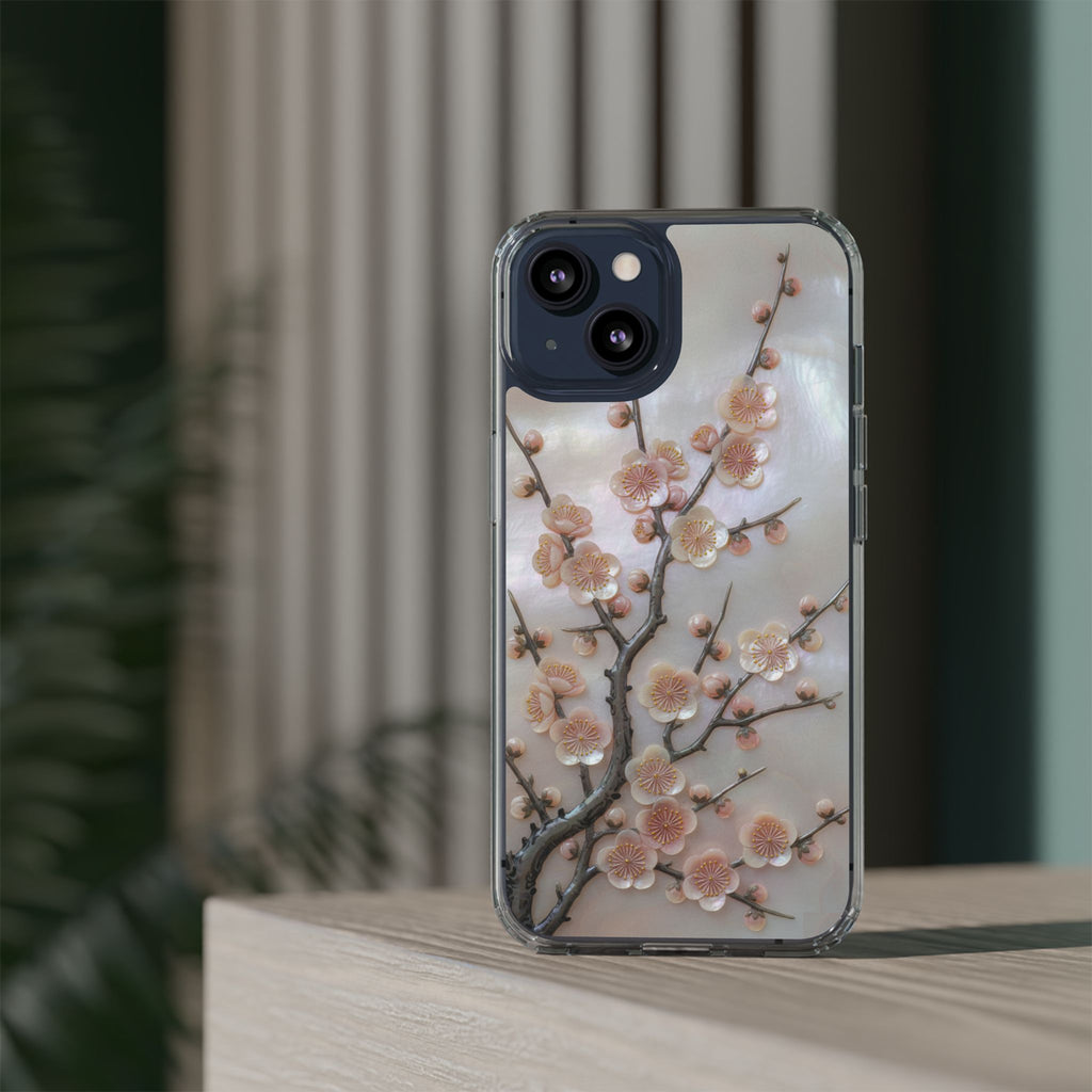 Mother of Pearl Plum Blossom Art Phone Case Nacre Flower Wall Decor Design Iridescent Shell Art Inlay Shimmering Spring Panel Floral Cover
