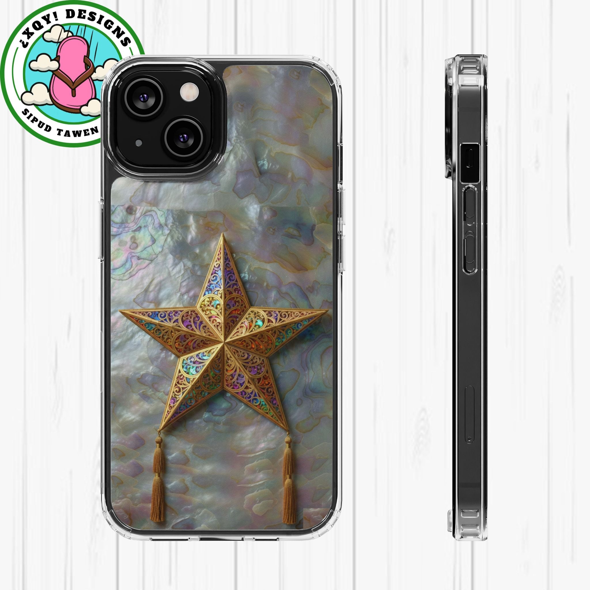 Golden Star Ornament Phone Case Mother of Pearl Background Nacre Texture Festive Celestial Decor Parol Inspired Shimmering Pearl Shell Gift