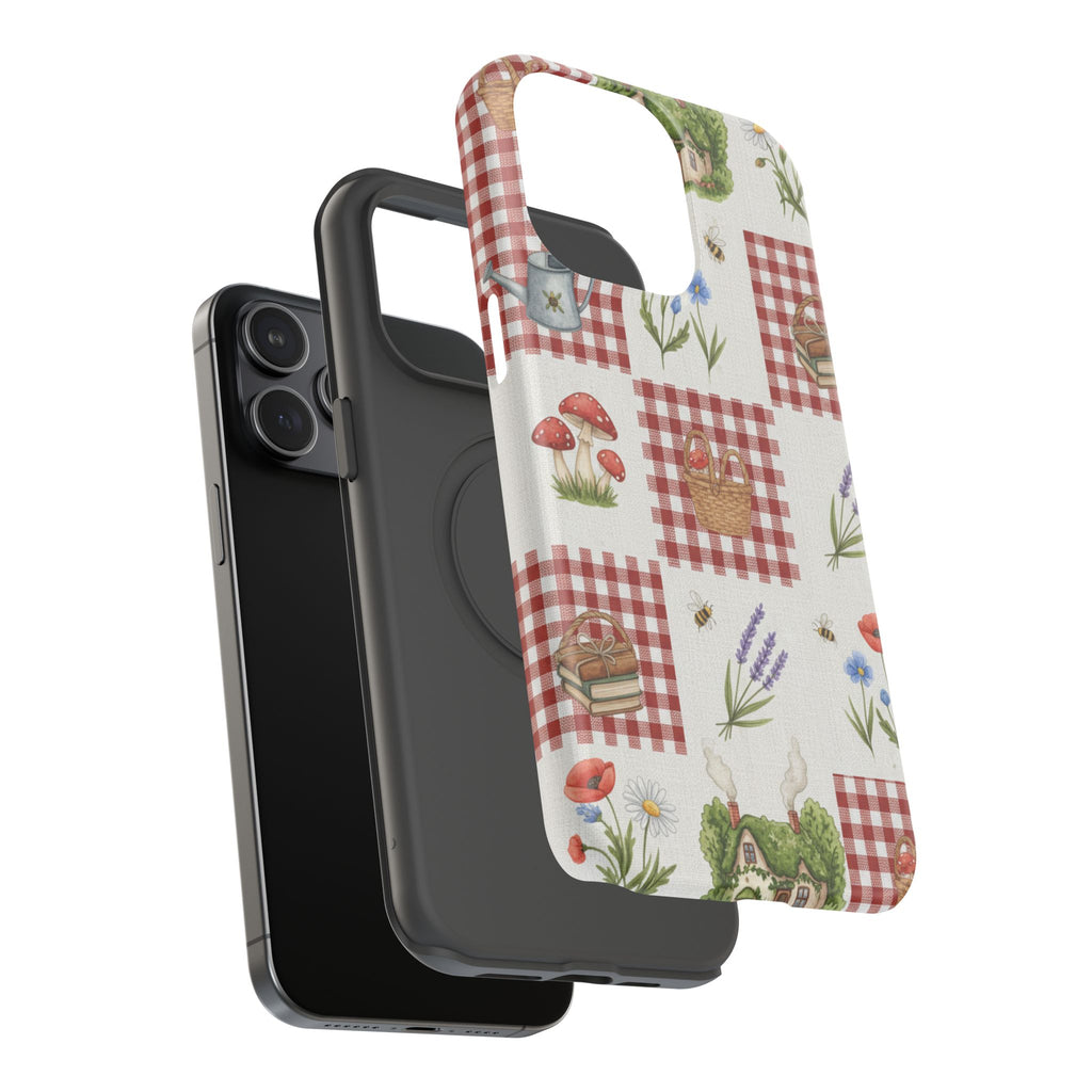 Red Gingham Check Phone Case Rustic Farmhouse Theme Watercolor Countryside Print Whimsical Floral Cell Phone Cover