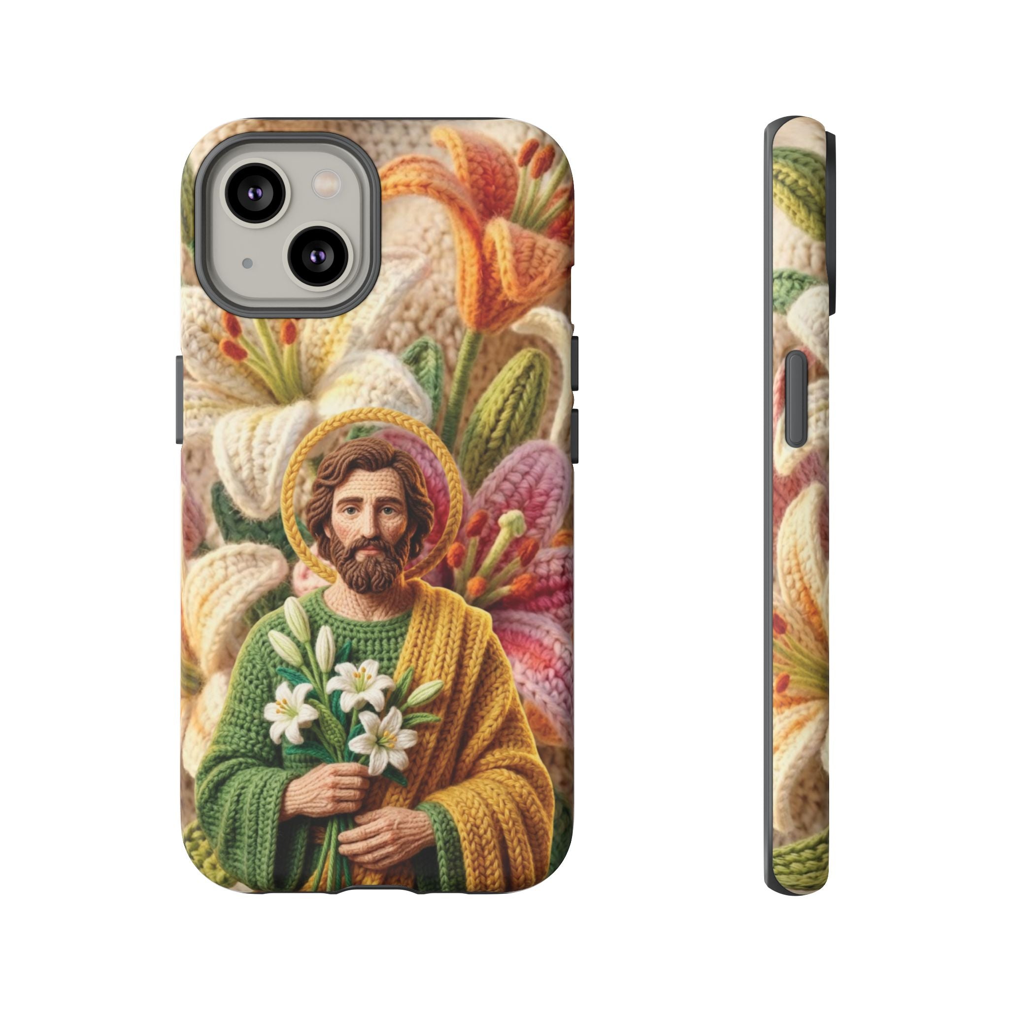 Phone Case Saint Joseph Lilies Design Holy Figure Phone Cover Faith Based Faux Yarn Saint of Workers Gift Samsung iPhone Pixel Models