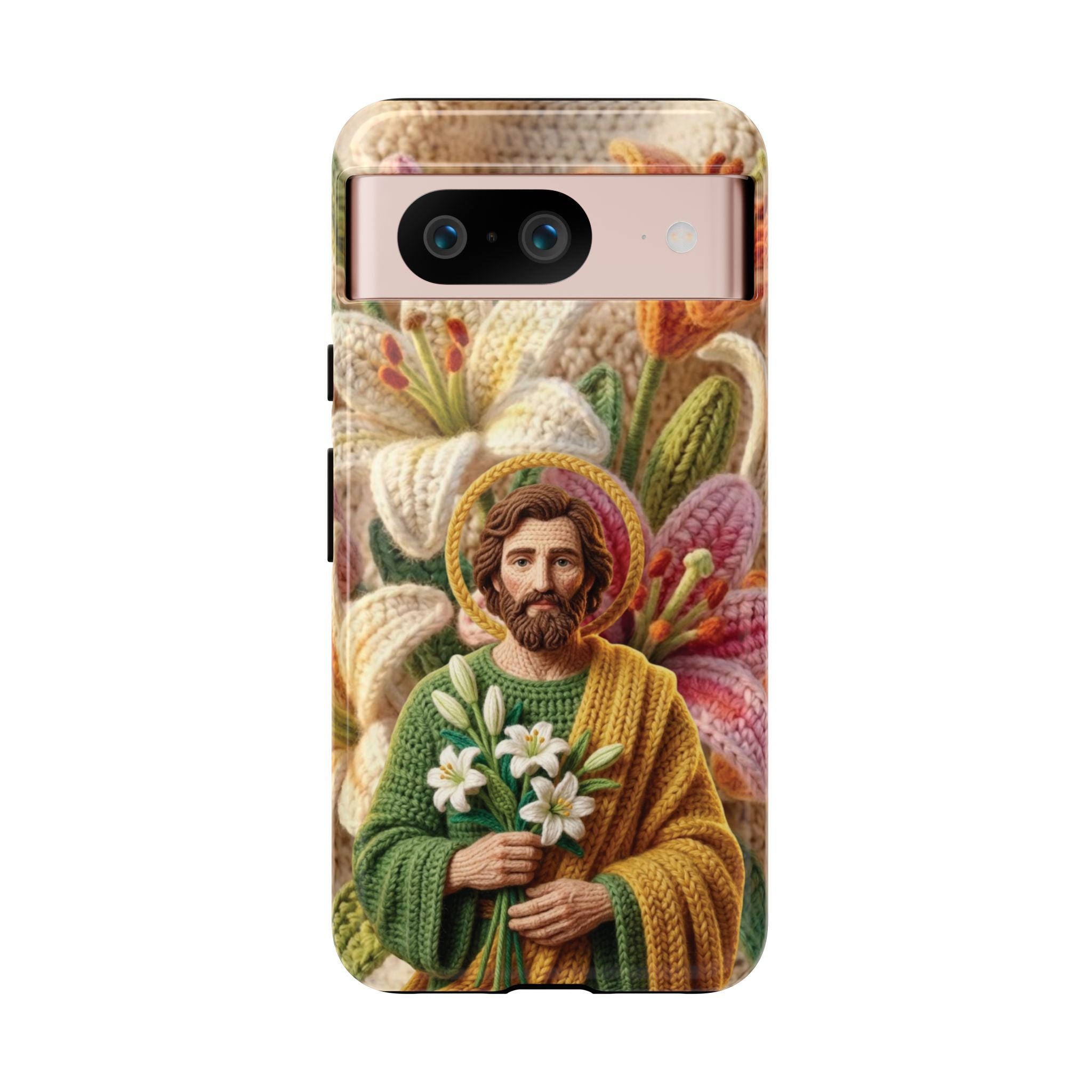 Phone Case Saint Joseph Lilies Design Holy Figure Phone Cover Faith Based Faux Yarn Saint of Workers Gift Samsung iPhone Pixel Models