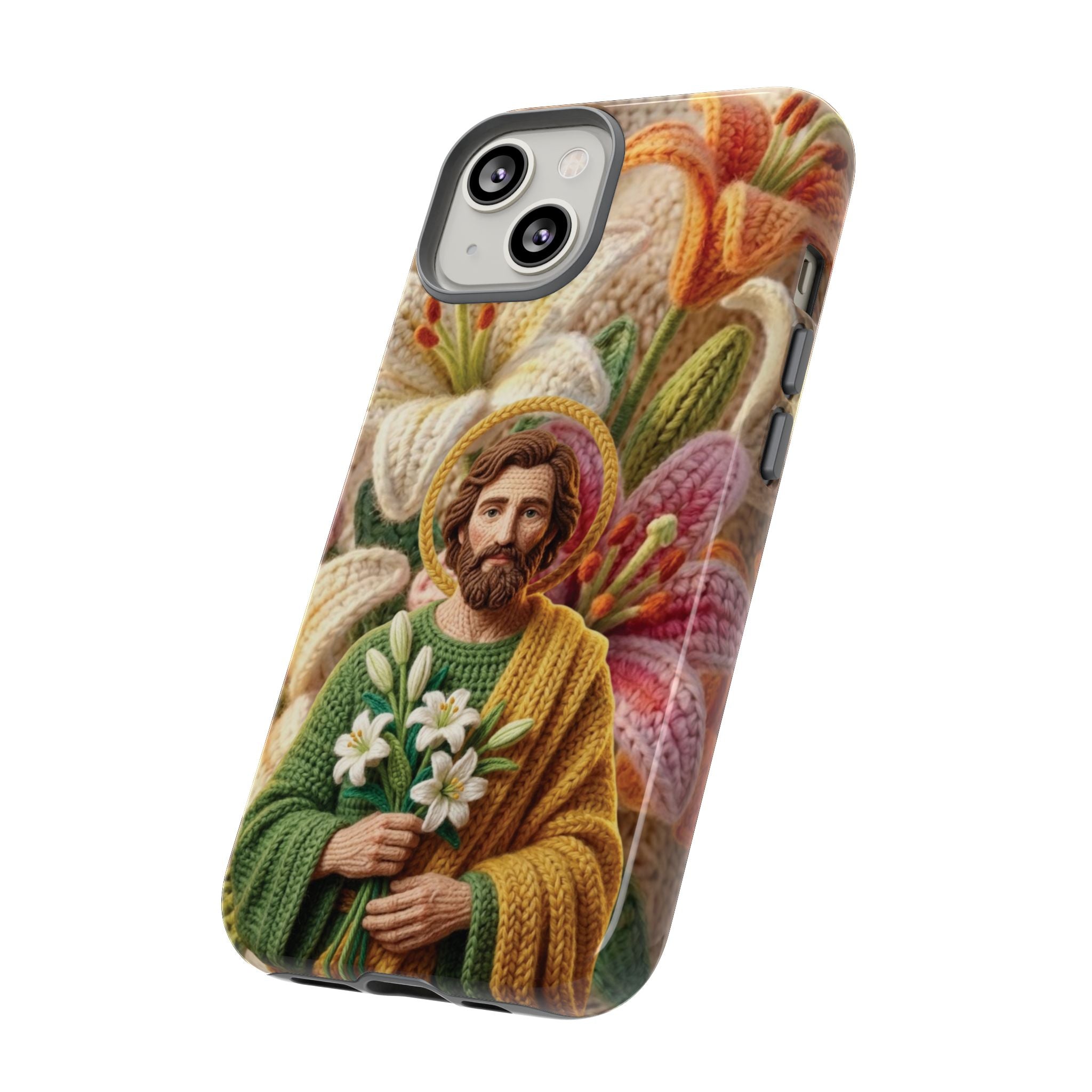 Phone Case Saint Joseph Lilies Design Holy Figure Phone Cover Faith Based Faux Yarn Saint of Workers Gift Samsung iPhone Pixel Models