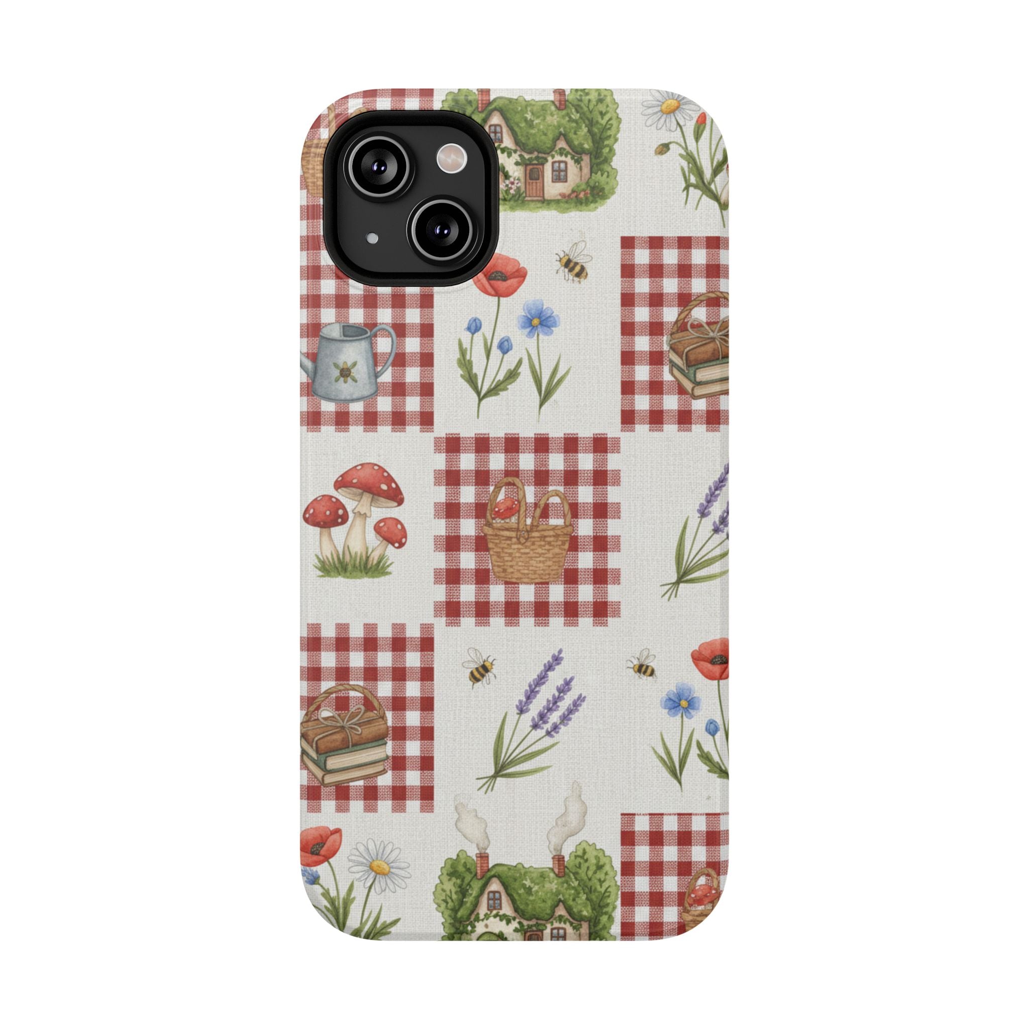 Red Gingham Check Phone Case Rustic Farmhouse Theme Watercolor Countryside Print Whimsical Floral Cell Phone Cover