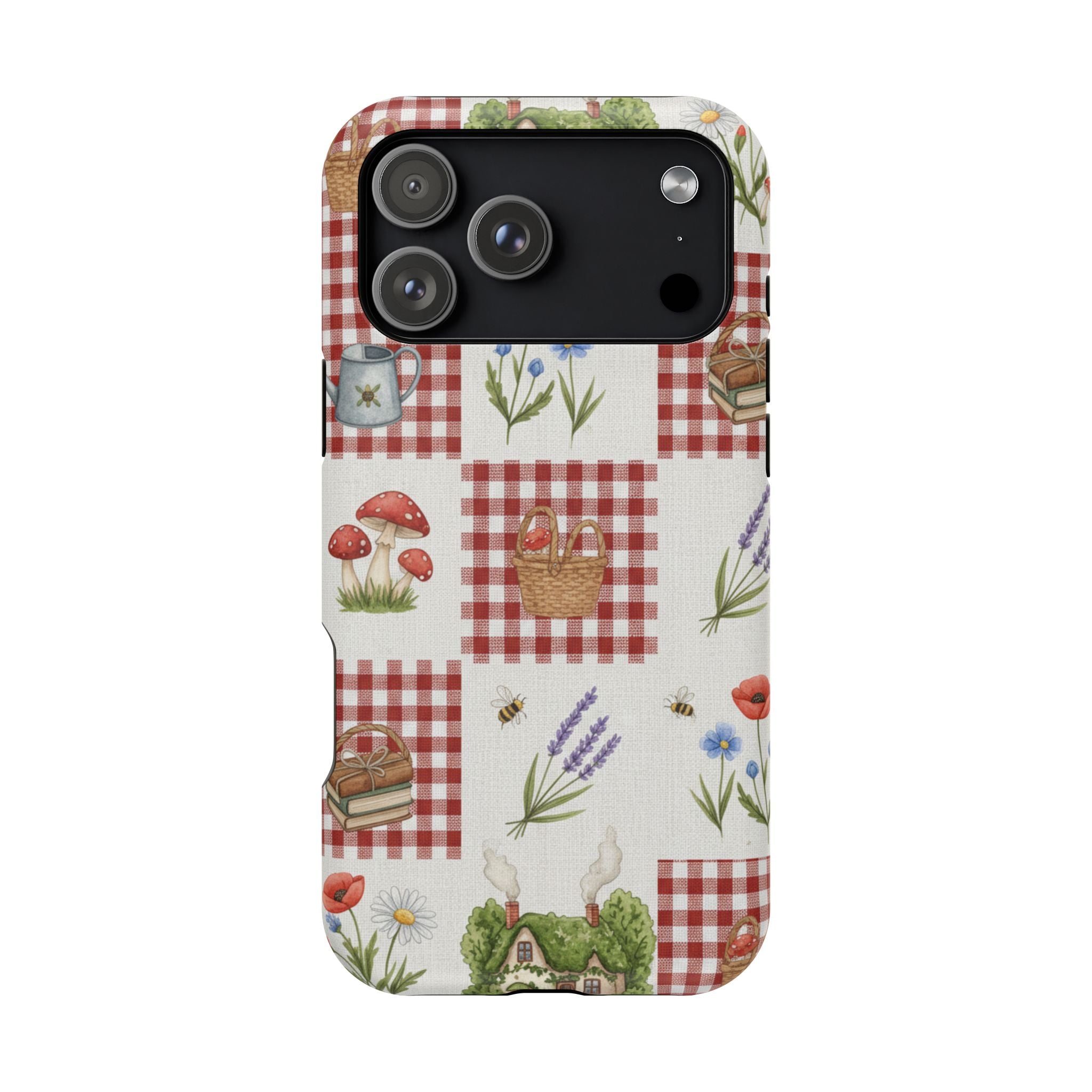 Red Gingham Check Phone Case Rustic Farmhouse Theme Watercolor Countryside Print Whimsical Floral Cell Phone Cover