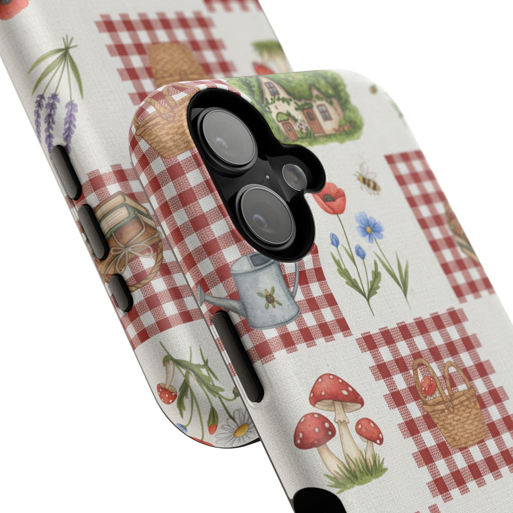 Red Gingham Check Phone Case Rustic Farmhouse Theme Watercolor Countryside Print Whimsical Floral Cell Phone Cover