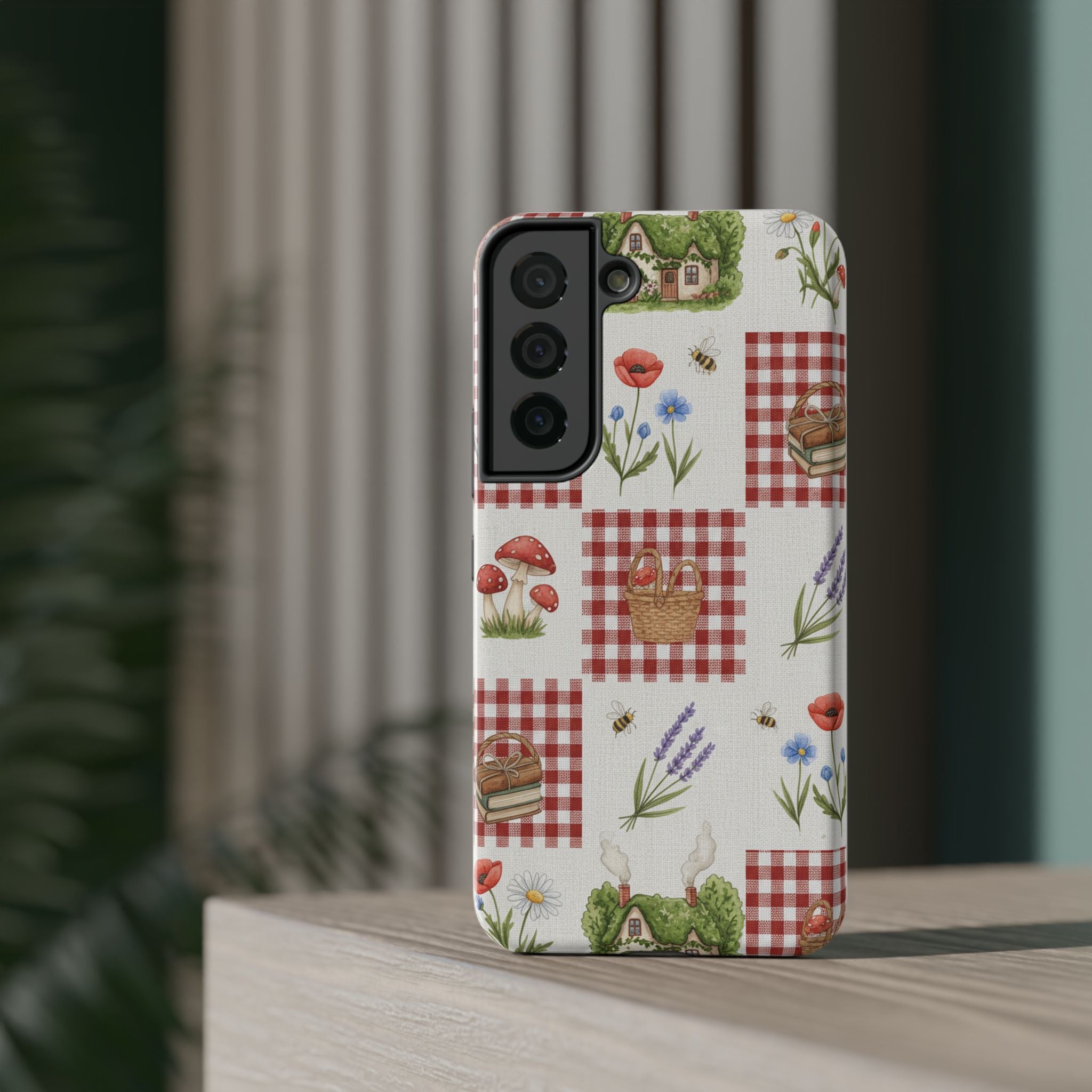 Red Gingham Check Phone Case Rustic Farmhouse Theme Watercolor Countryside Print Whimsical Floral Cell Phone Cover