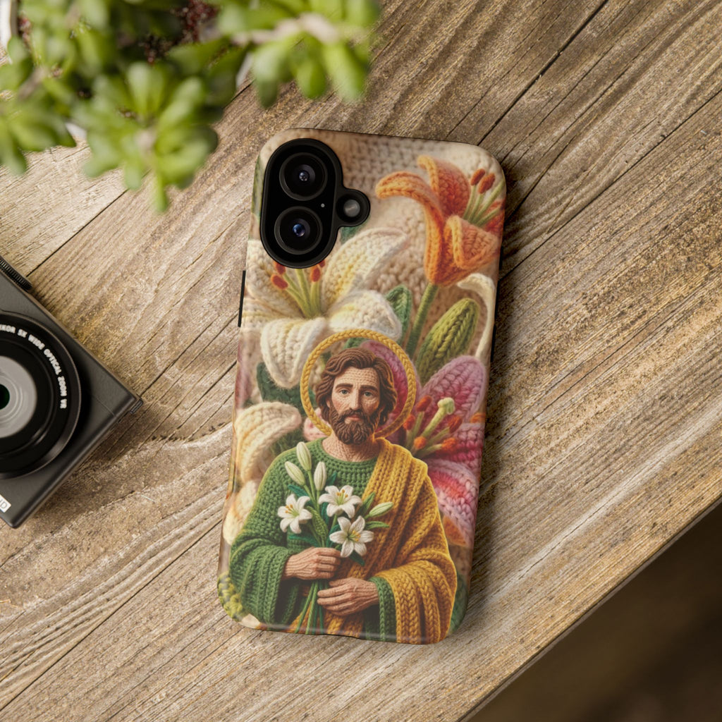 Phone Case Saint Joseph Lilies Design Holy Figure Phone Cover Faith Based Faux Yarn Saint of Workers Gift Samsung iPhone Pixel Models