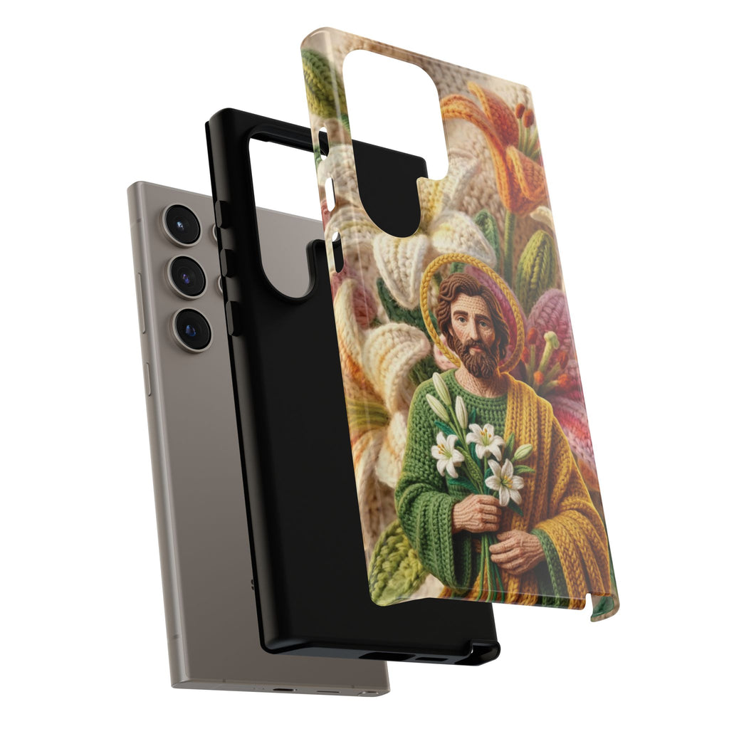 Phone Case Saint Joseph Lilies Design Holy Figure Phone Cover Faith Based Faux Yarn Saint of Workers Gift Samsung iPhone Pixel Models