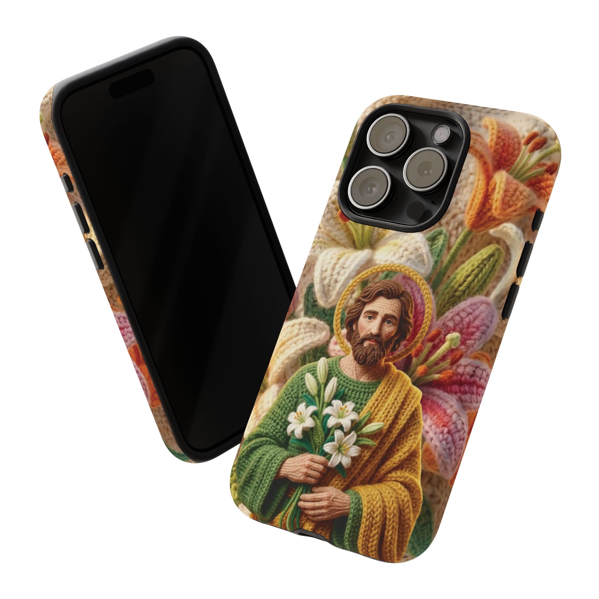 Phone Case Saint Joseph Lilies Design Holy Figure Phone Cover Faith Based Faux Yarn Saint of Workers Gift Samsung iPhone Pixel Models