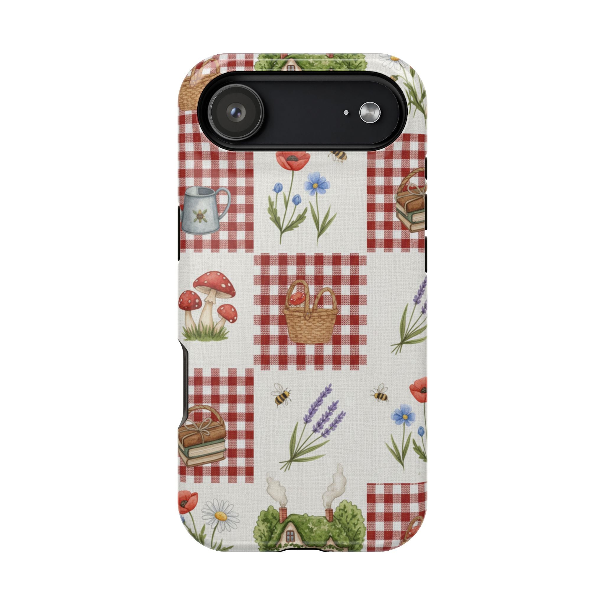 Red Gingham Check Phone Case Rustic Farmhouse Theme Watercolor Countryside Print Whimsical Floral Cell Phone Cover