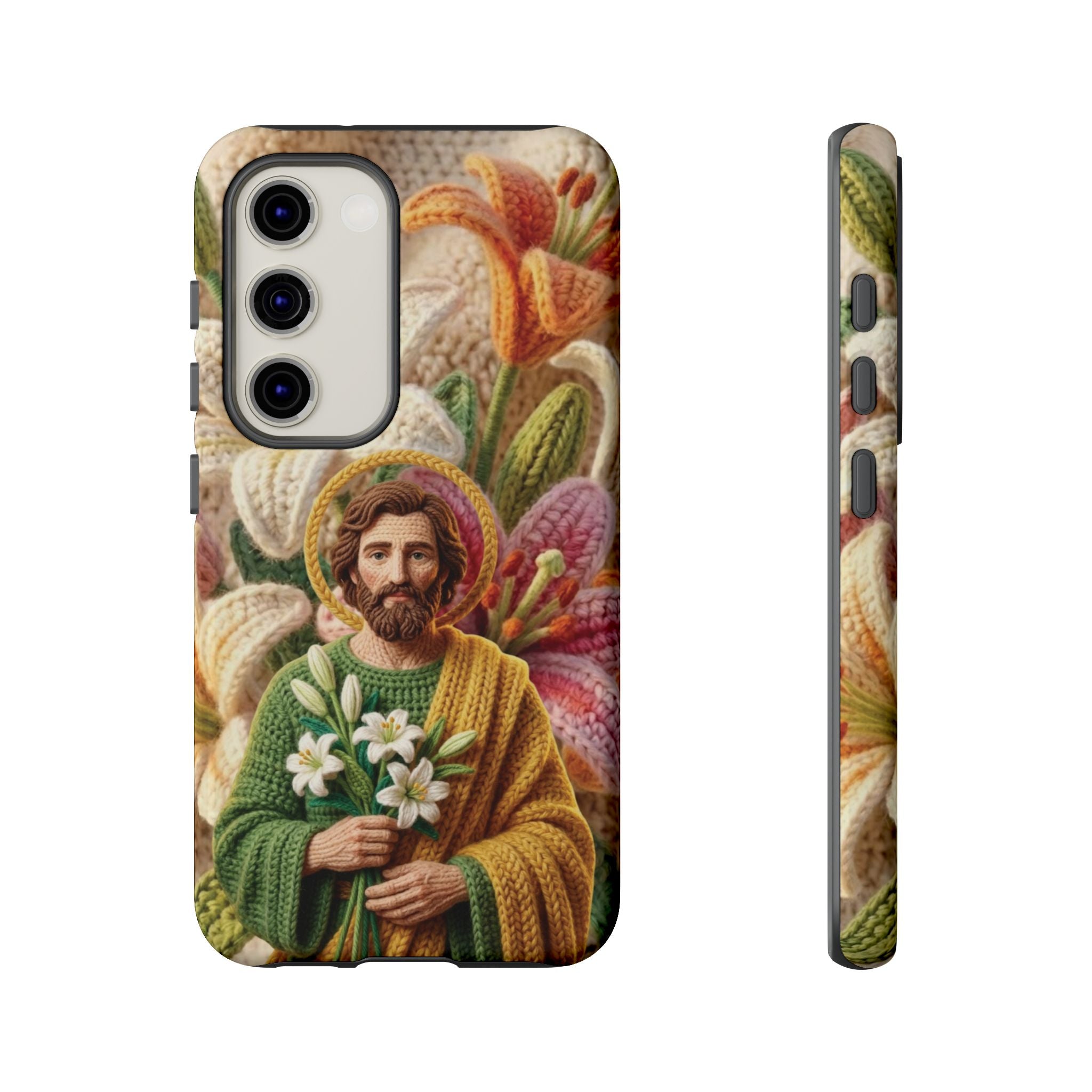 Phone Case Saint Joseph Lilies Design Holy Figure Phone Cover Faith Based Faux Yarn Saint of Workers Gift Samsung iPhone Pixel Models